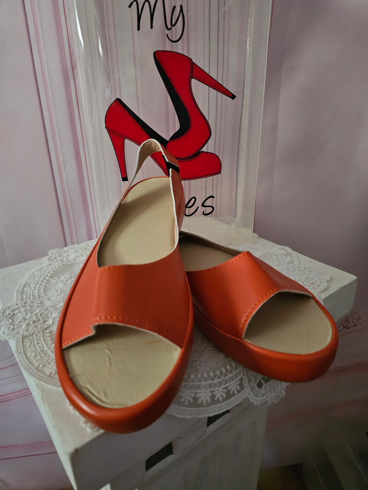 Ladies orange toeless platform slingbacks