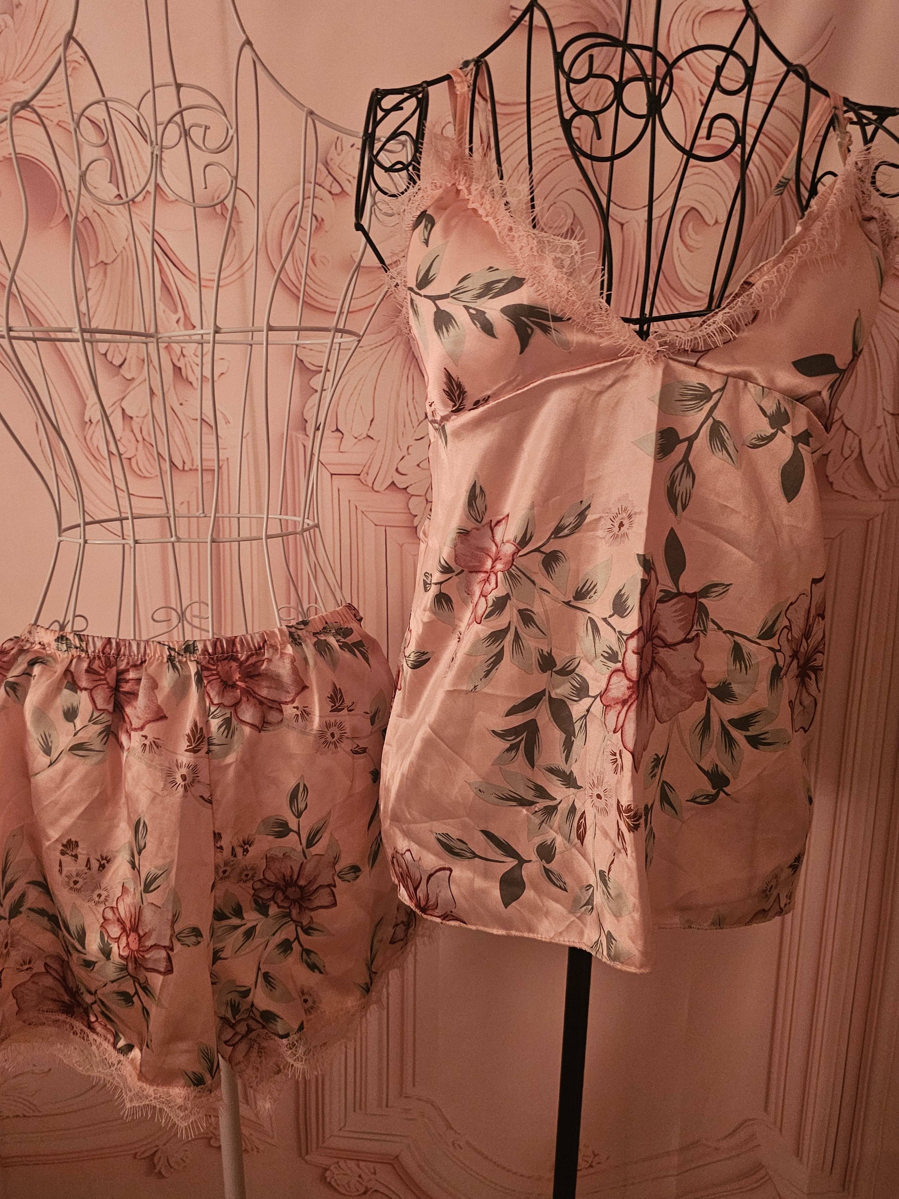 Ladies Pink Floral Satin 4 piece Lingerie Nightwear