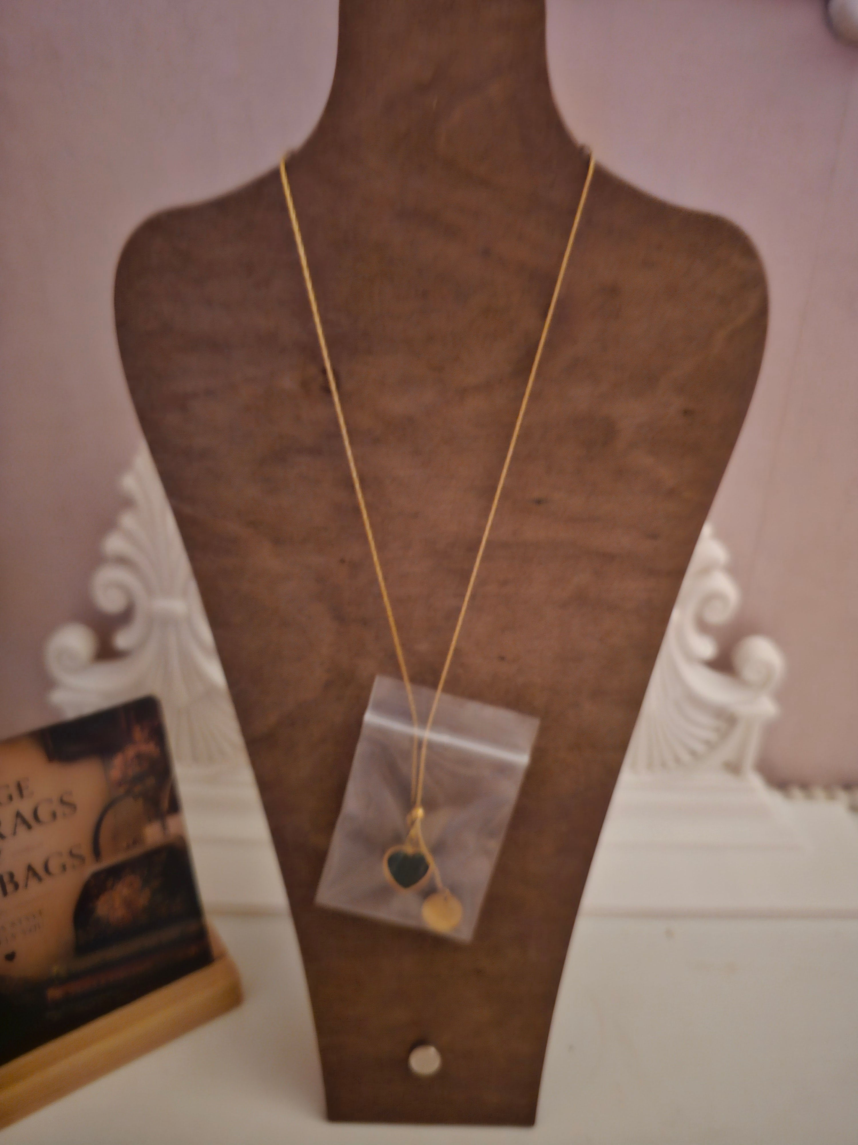 Ladies Gold Necklace with Emerald Green Heart and Gold Circle Pendant