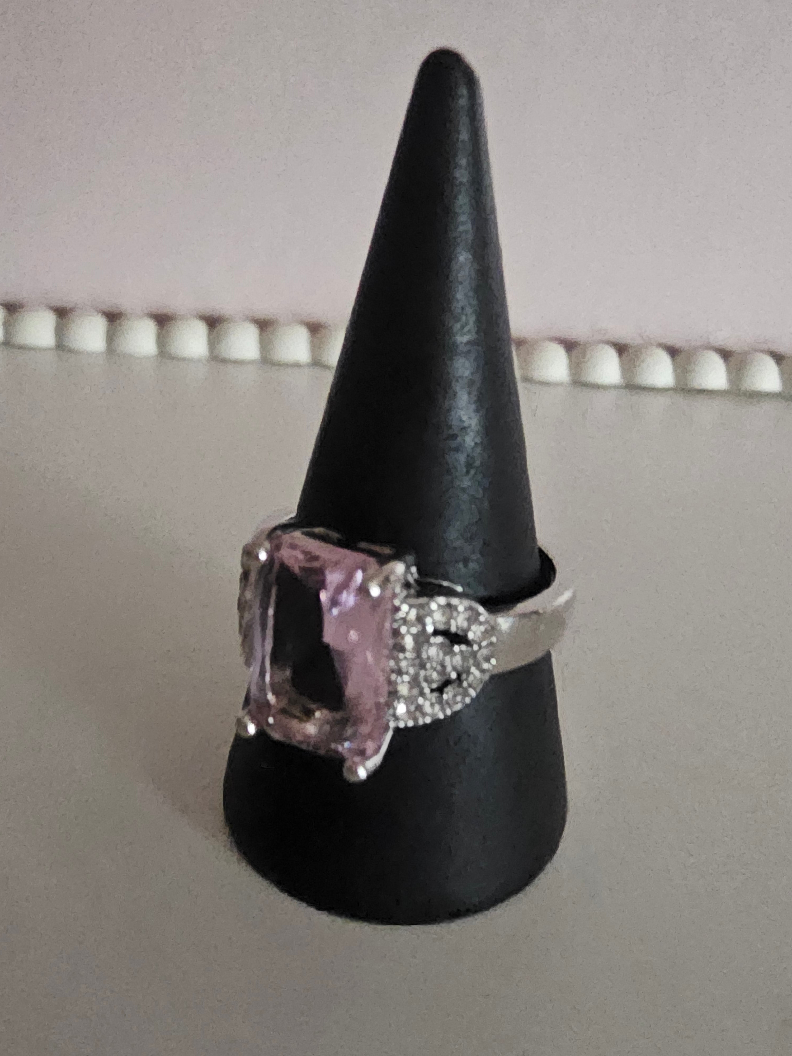 Ladies silver with silver diamonte shank and centre pink square diamond design dress ring