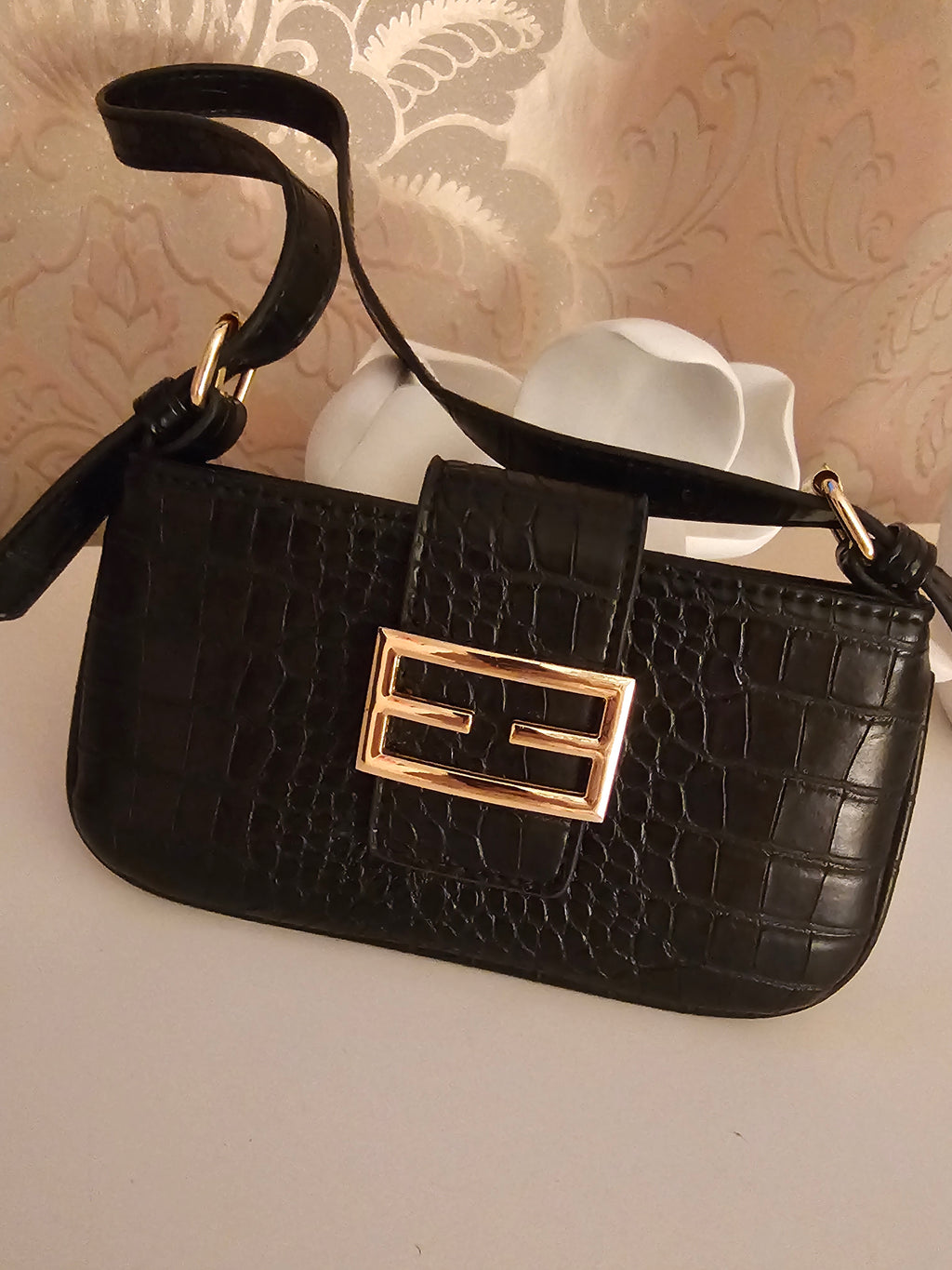 Vintage Black Croc-Effect Evening Bag — Gold Buckle Clasp