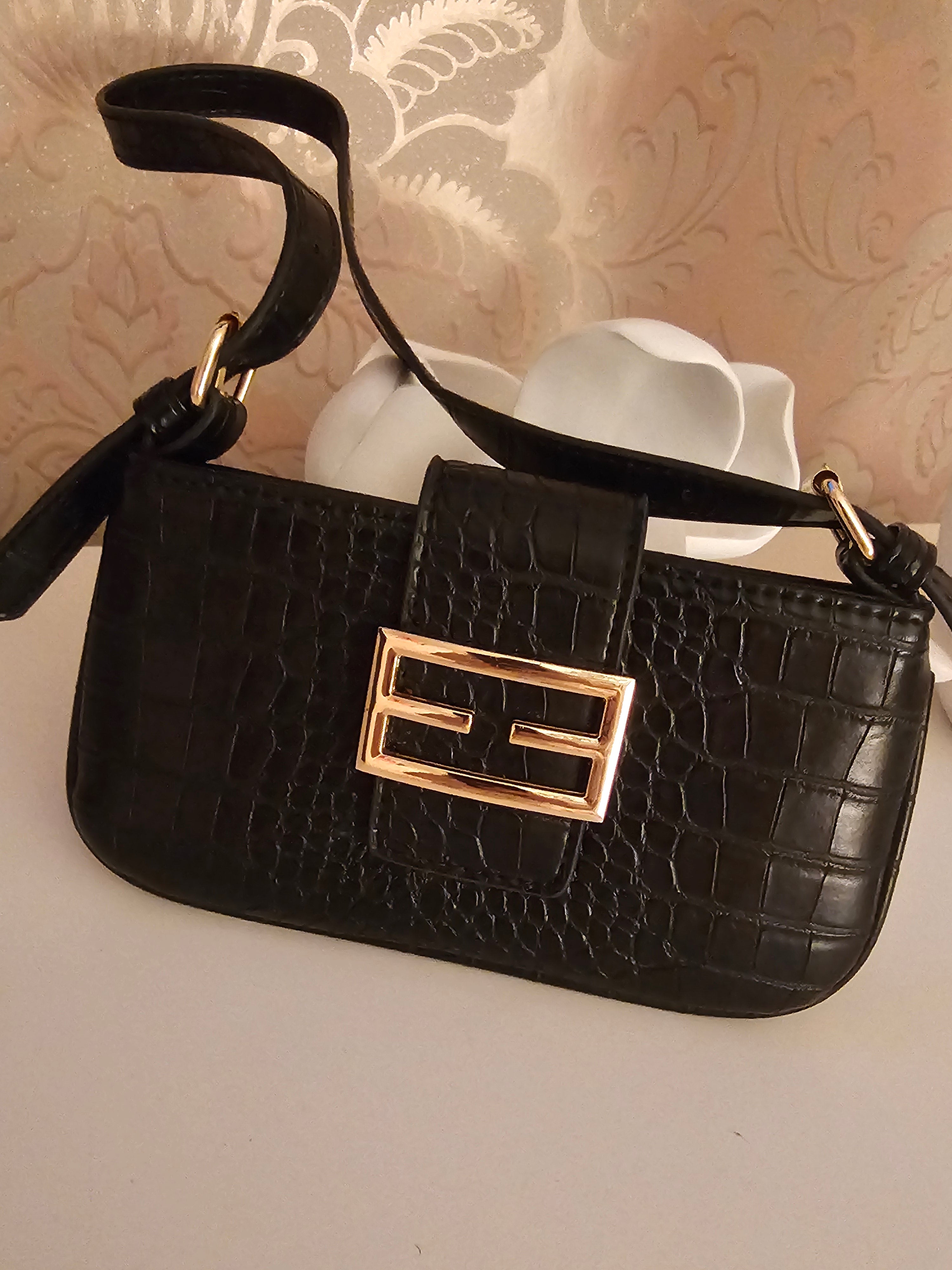 Vintage Black Croc-Effect Evening Bag — Gold Buckle Clasp