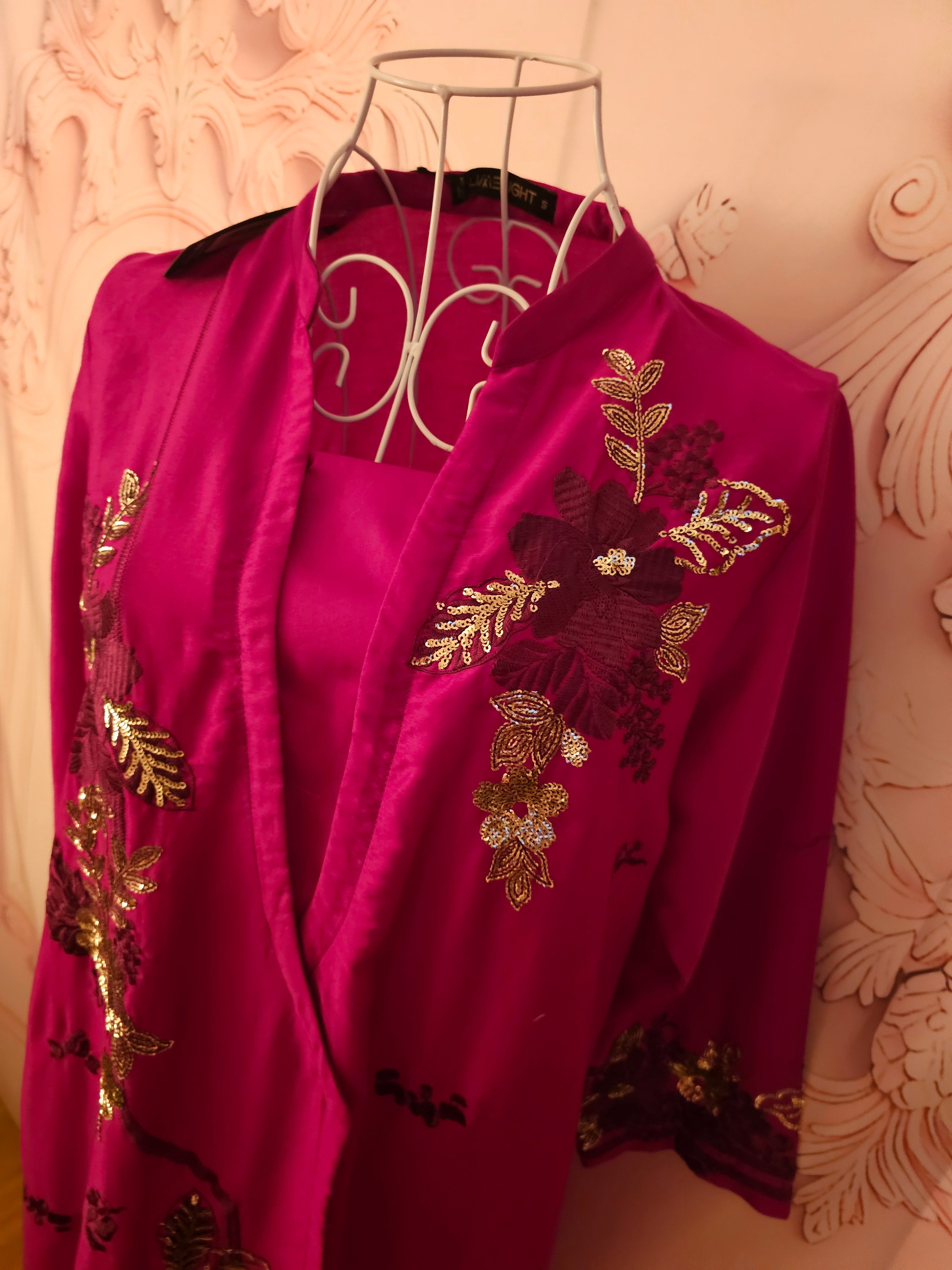 Limelight Cerise Pink Satin Embroidered Dress — 3/4 Sleeve — Size S