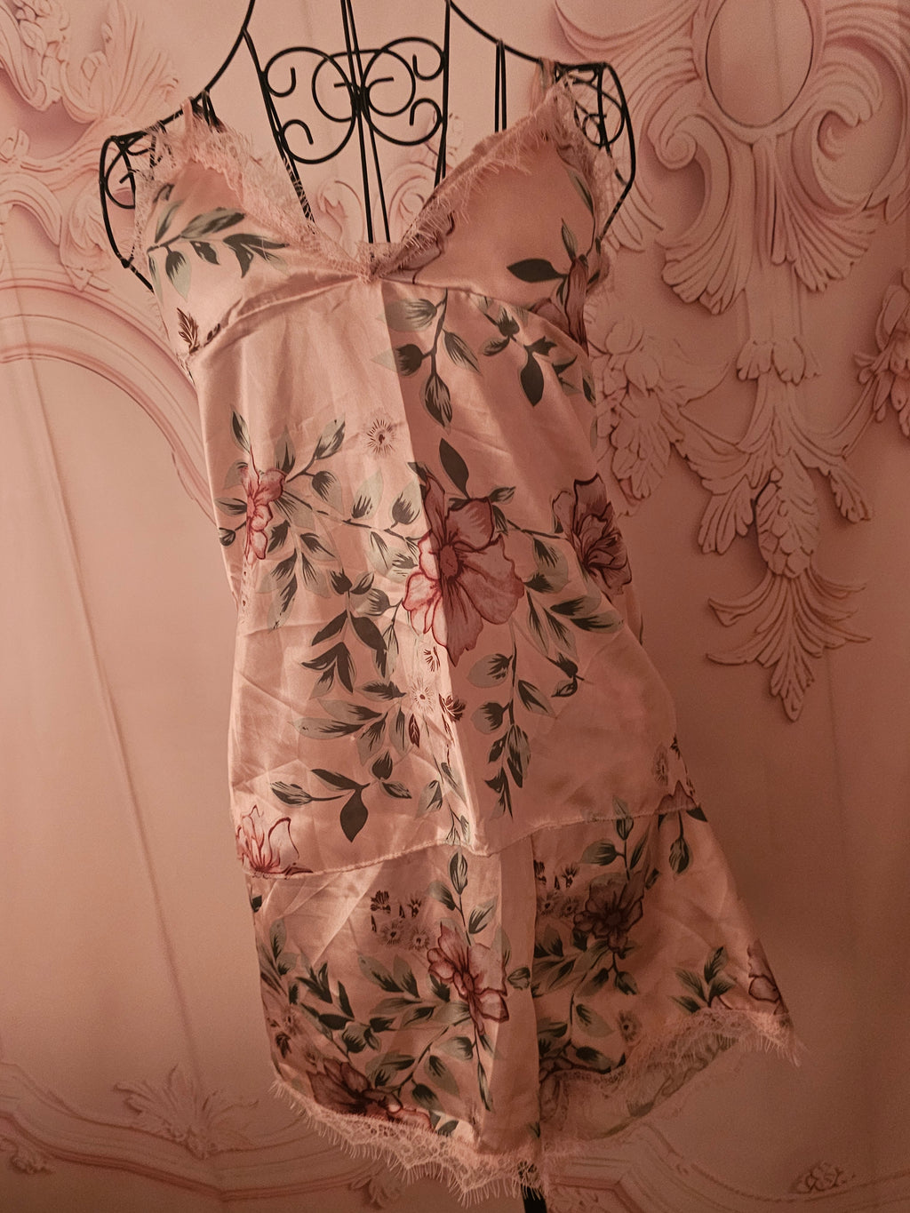 Ladies Pink Floral Satin 4 piece Lingerie Nightwear