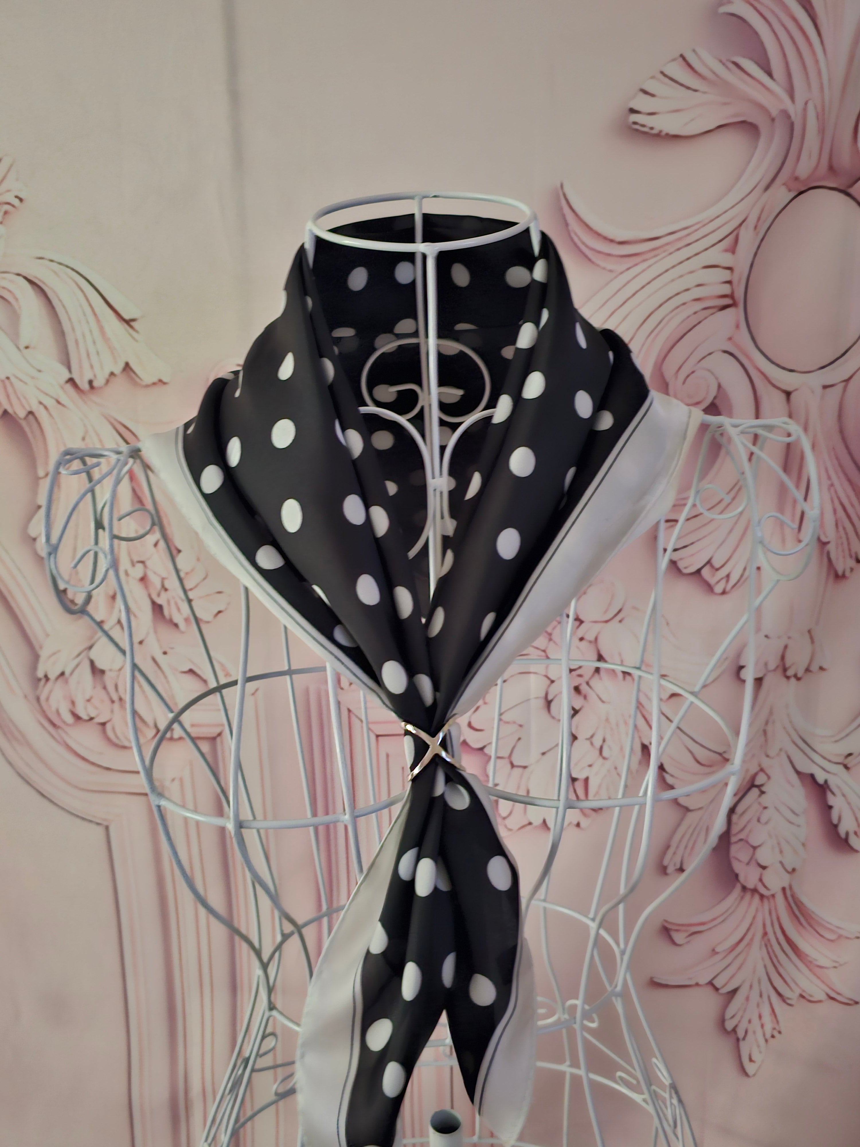 Ladies Black and White Polka Dot Silk Head Scarf