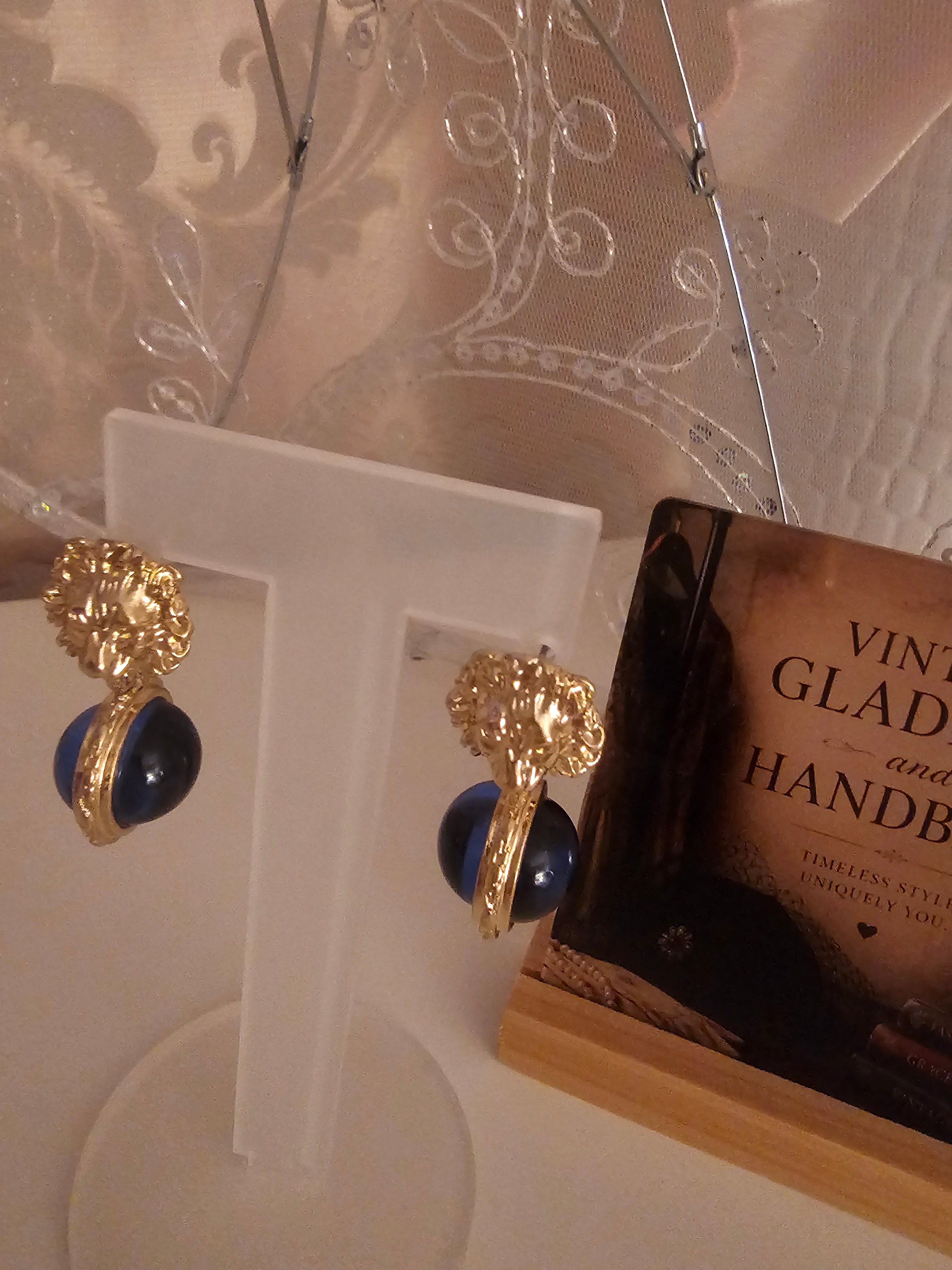 Ladies gold versace style blue ball droplet earrings