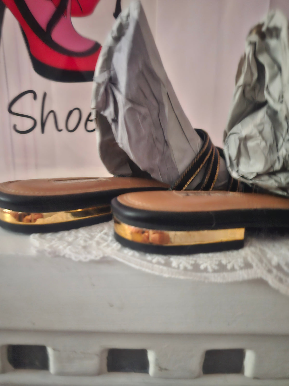 Ladies 2 x Strappy Slip ons with Gold Design Flat Heels 1 x black 1 x white
