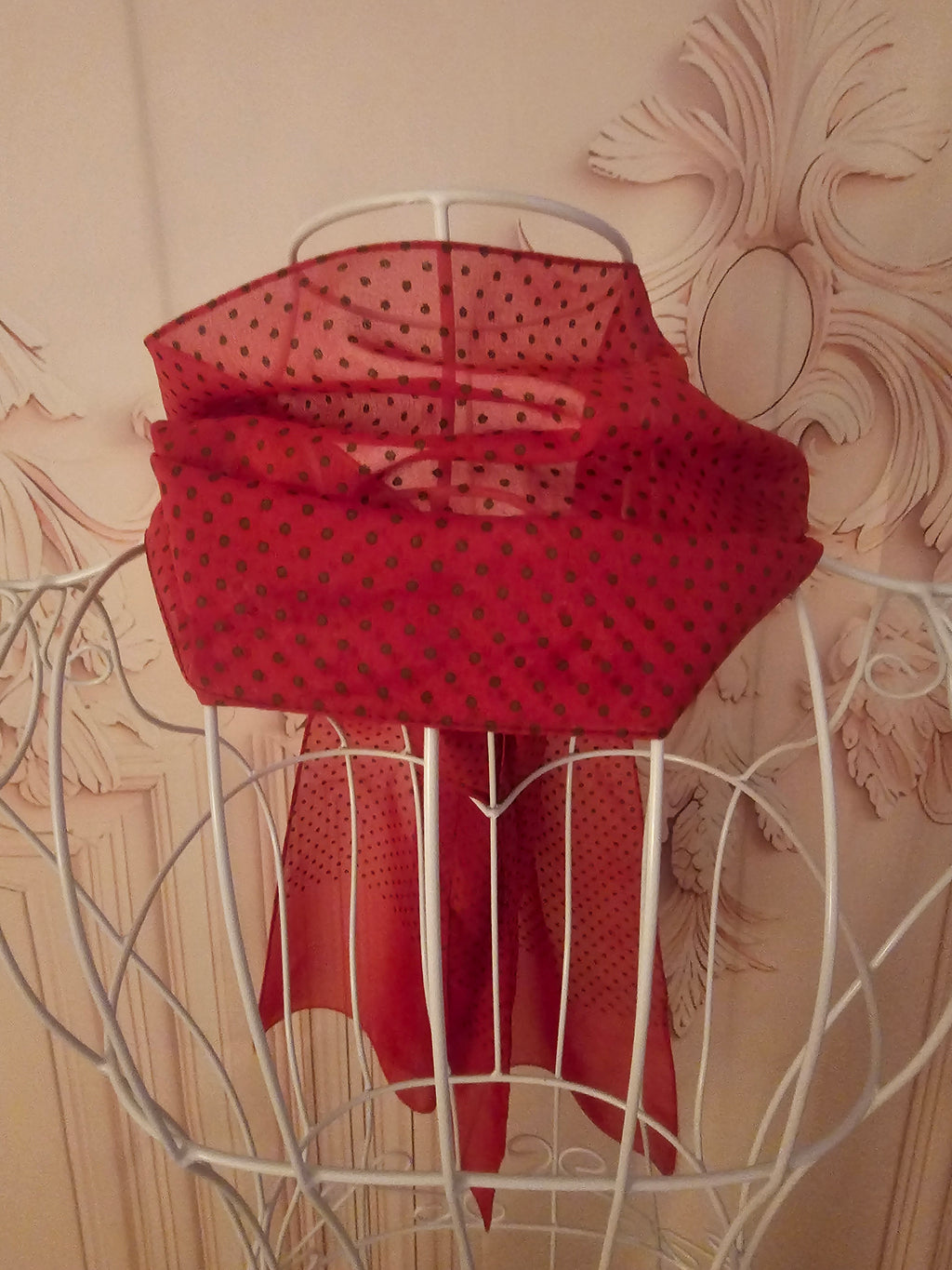 Ladies Red Chiffon Polka Dot Style Chiffon Head or Neck Scarf