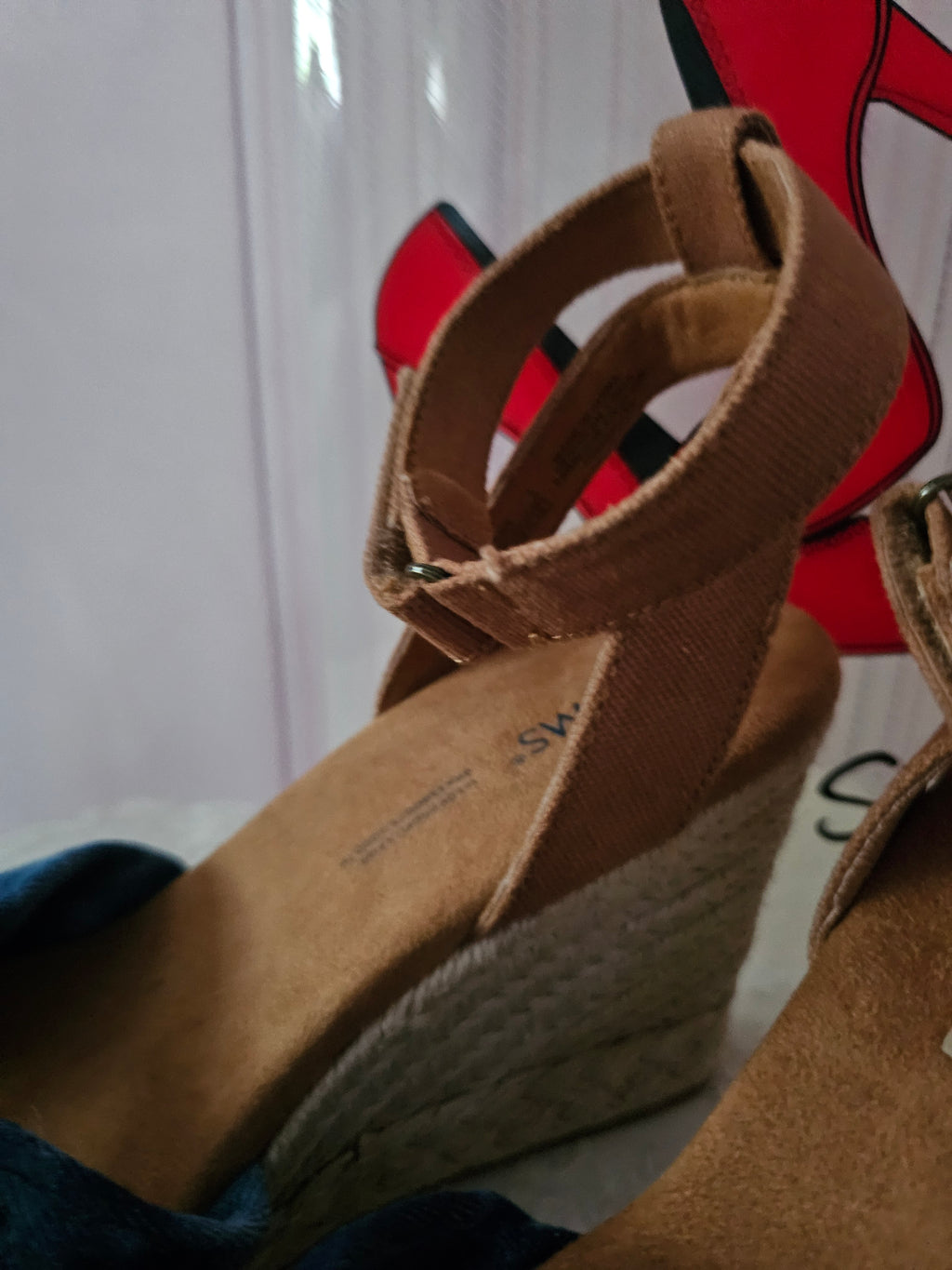 Ladies Toms Blue espadrille Wedges with brown leather ankle strap