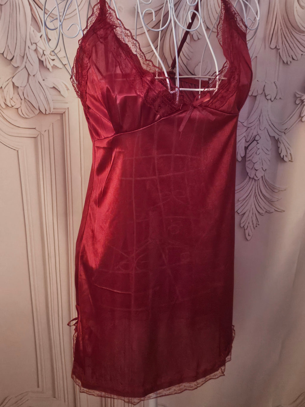 Ladies Red Satin Cami Slip with Bow Split