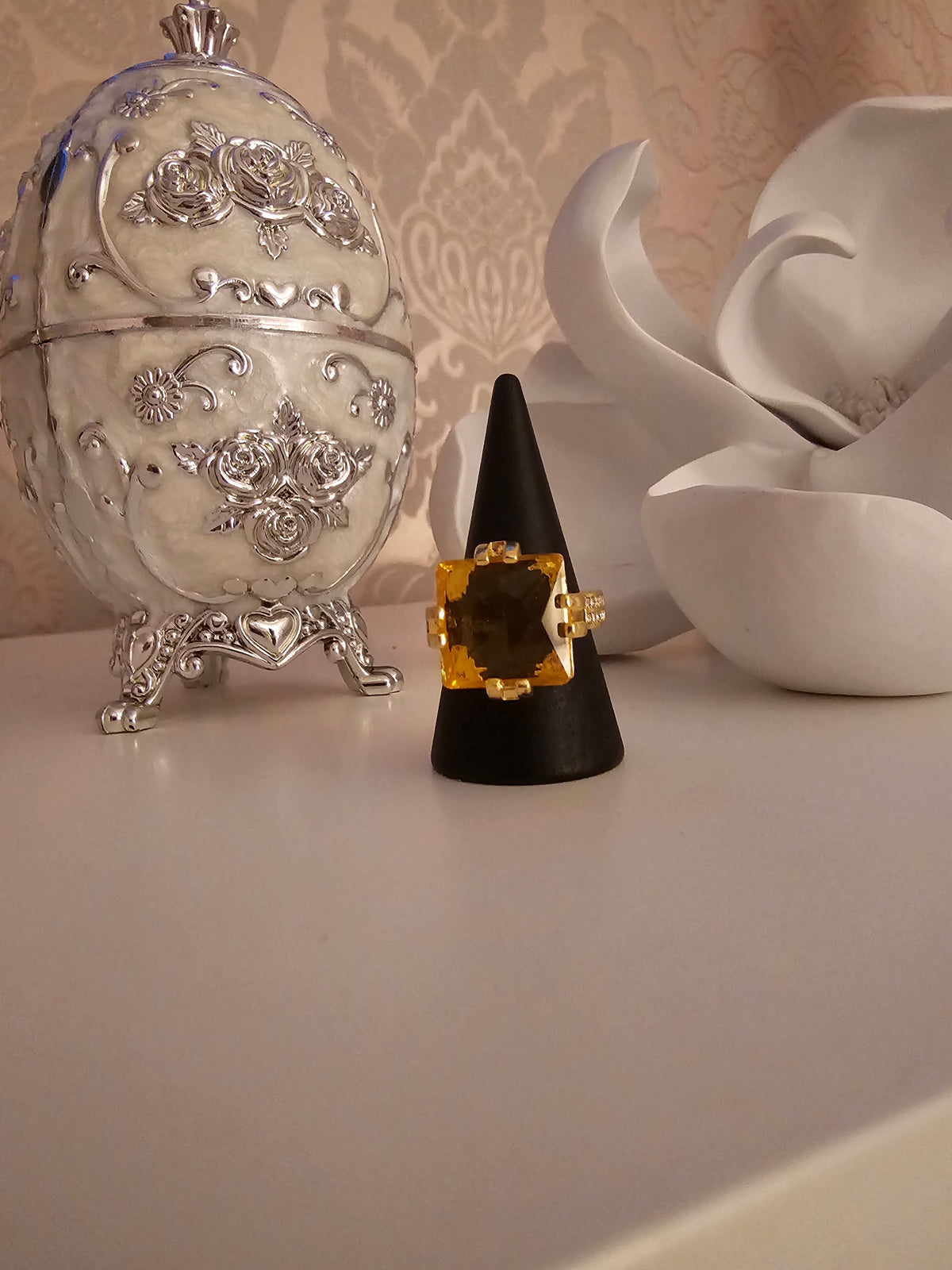 Ladies Gold Dress Ring with Amber Stone Setting with diamond detailing