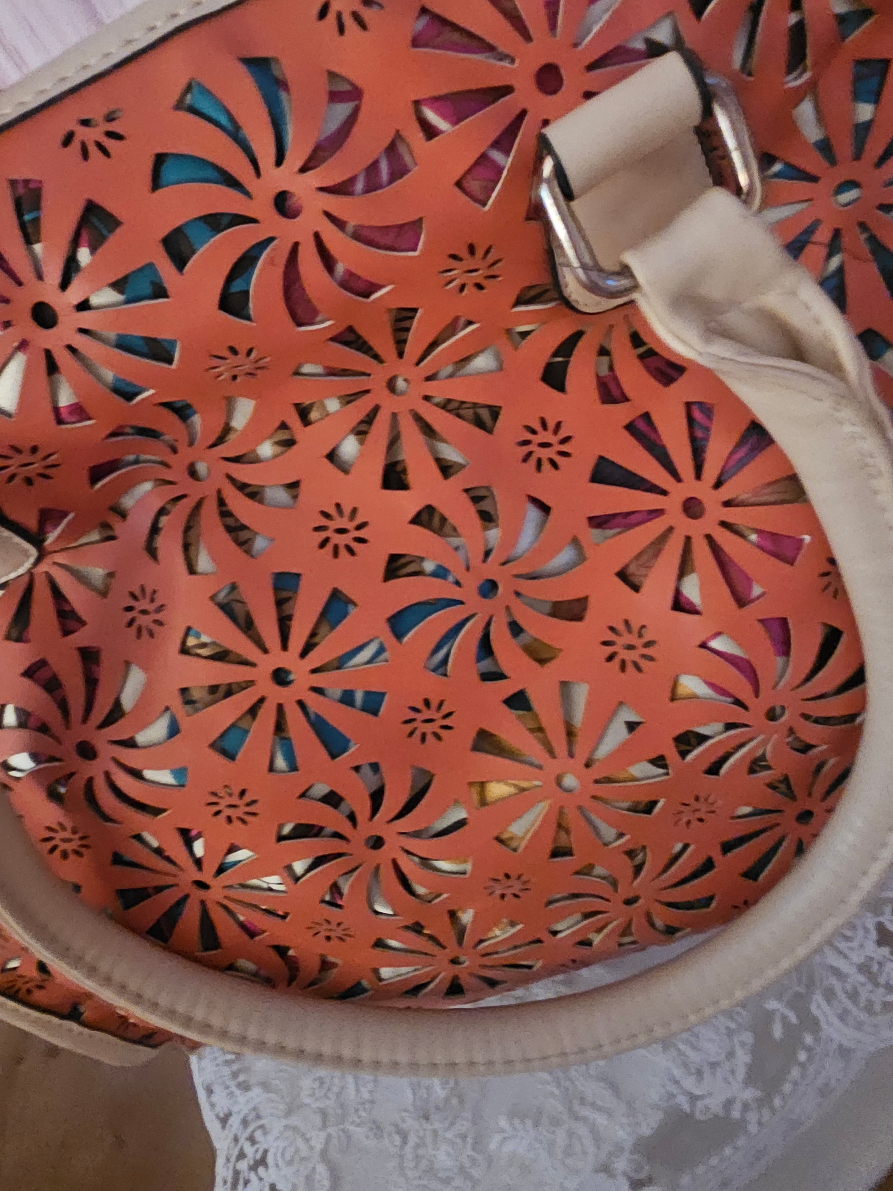 Ladies Leather Orange & Cream unusual Handbag