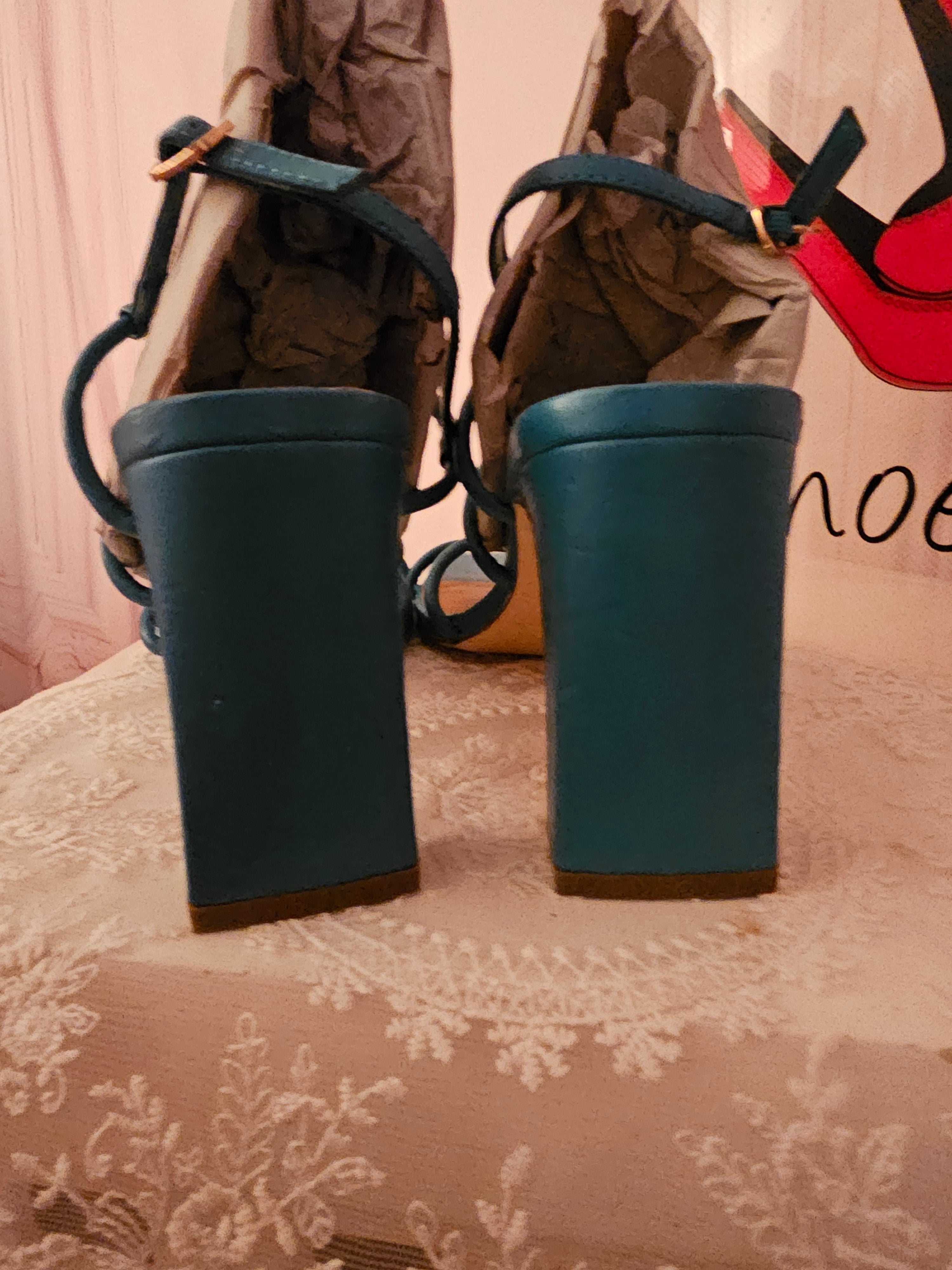 Ladies Turquoise Block Heeled Strappy Heels