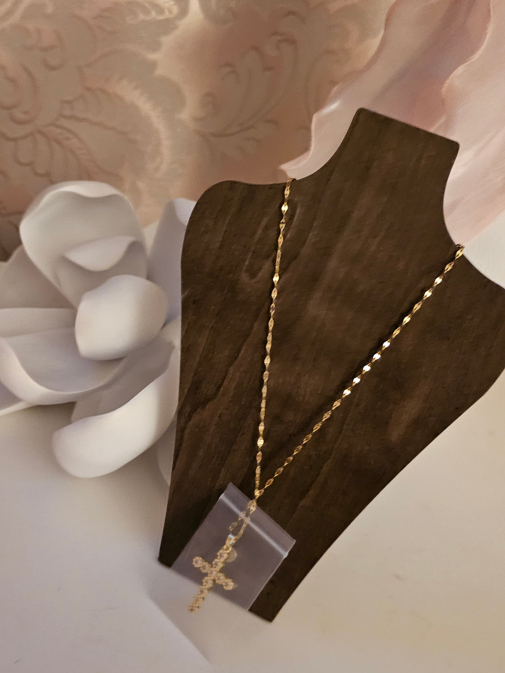 Ladies Gold Necklace with Gold Diamonte Cross Pendant