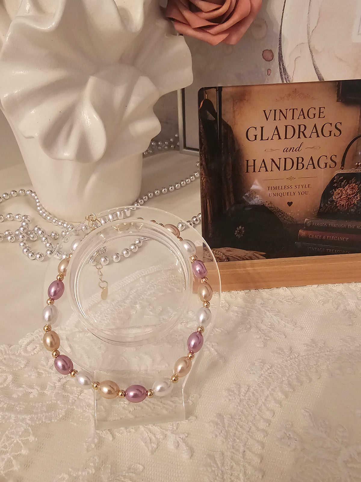 Ladies Pink & White Pearl Bracelet