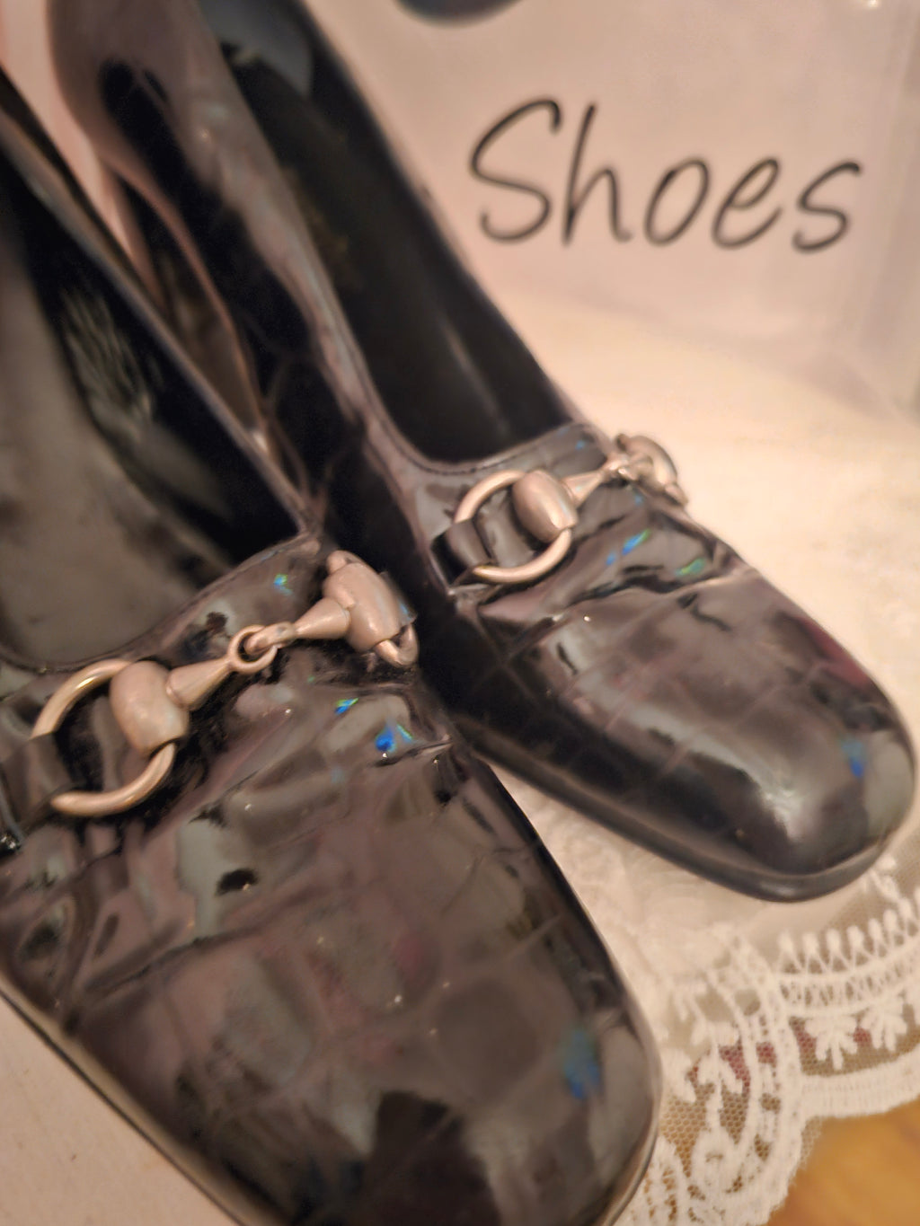 Ladies Russell & Bromley Black Paitent Crocodile Block Heels