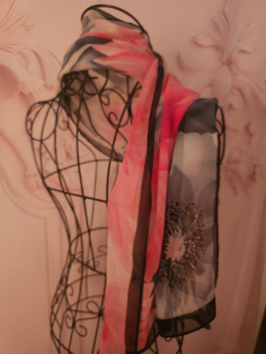 Ladies Pink, Black & White floral Design Silk Blend Neck/Head Scarf