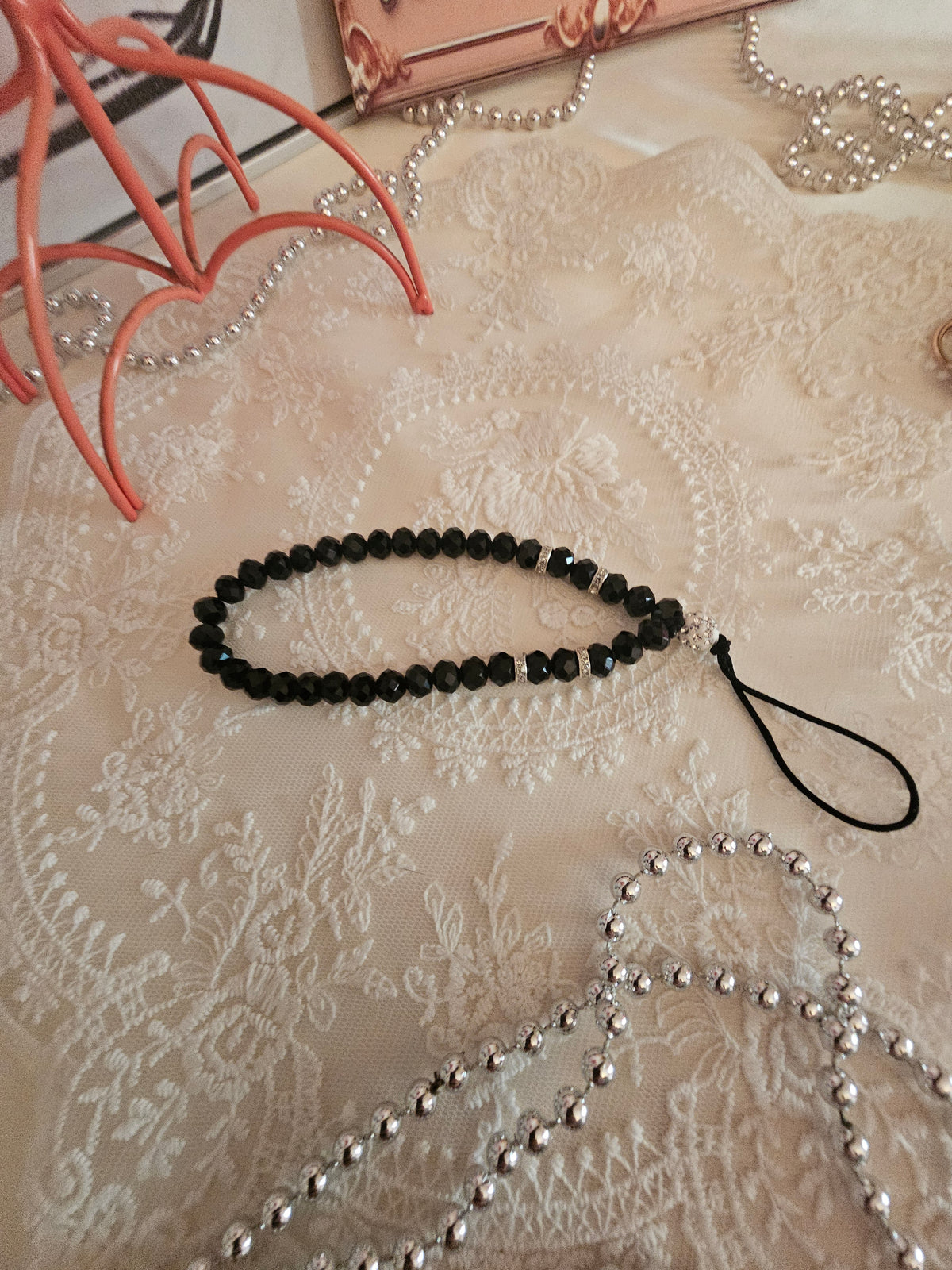 Ladies Black Sequenced Pearl Accessory for Phone, Purse or Handbag
