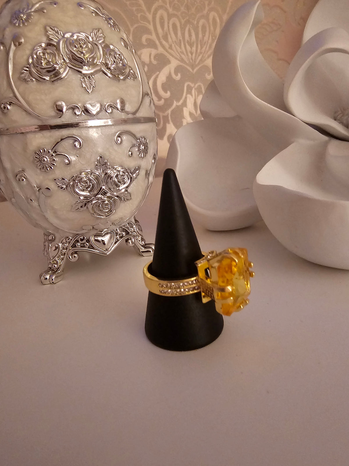 Ladies Gold Dress Ring with Amber Stone Setting with diamond detailing