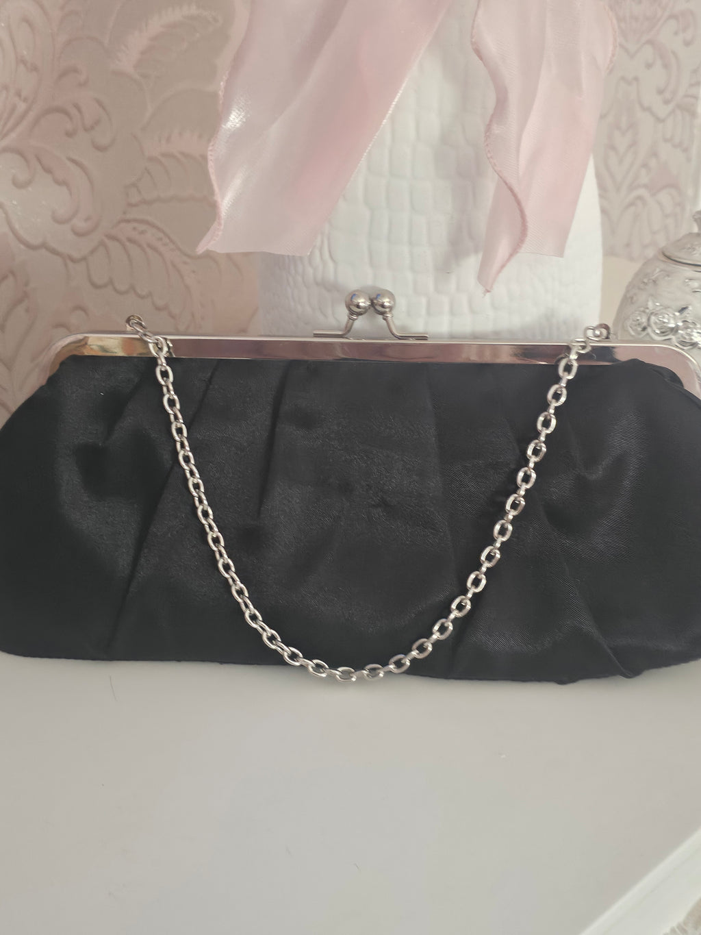 Ladies Black Satin with silver chain strap evening bag
