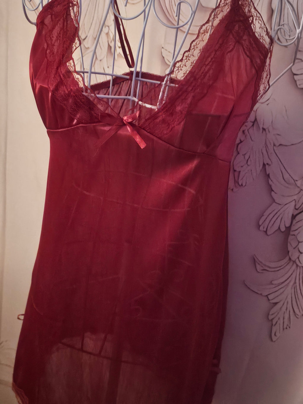 Ladies Red Satin Cami Slip with Bow Split