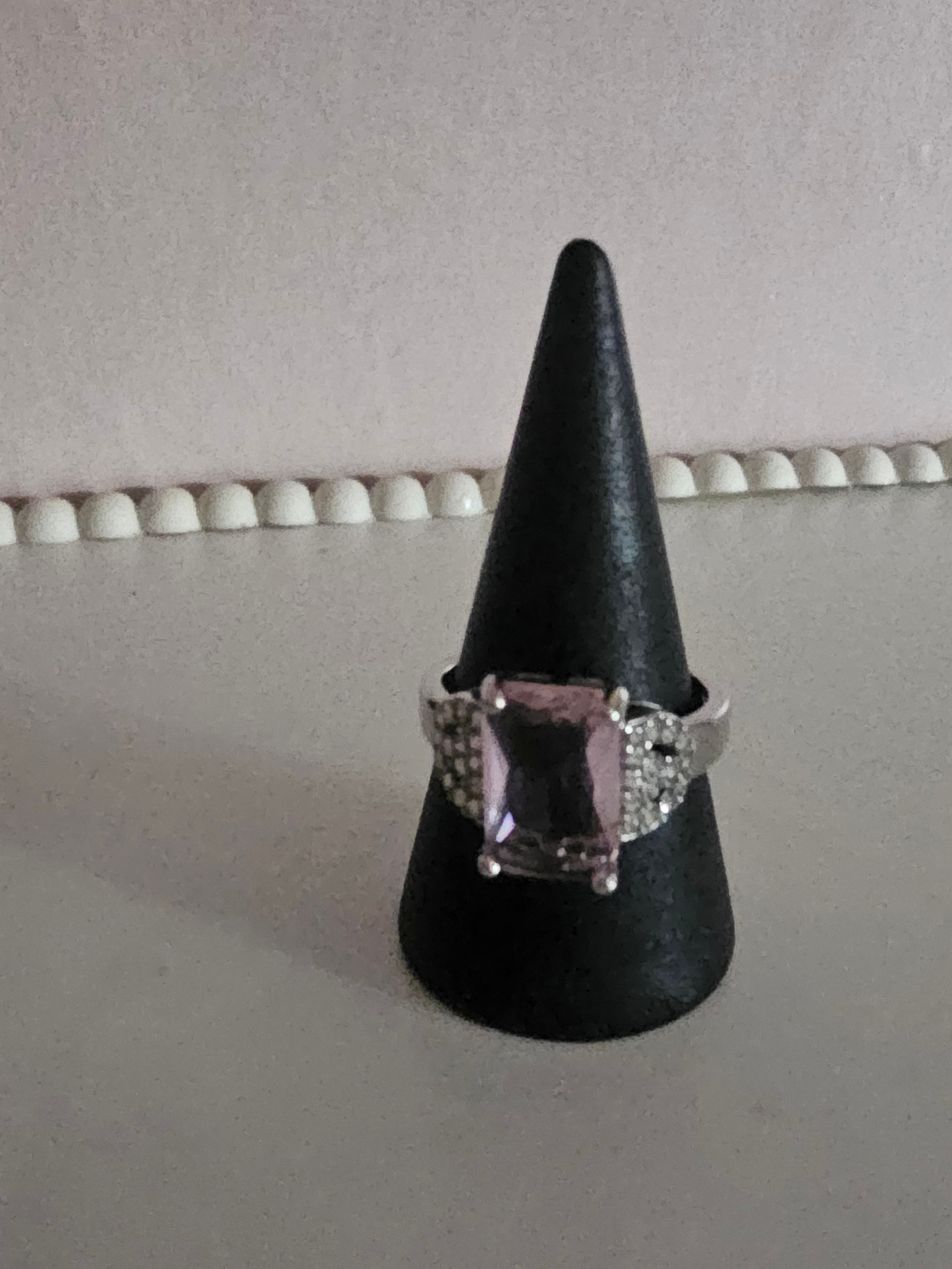 Ladies silver with silver diamonte shank and centre pink square diamond design dress ring