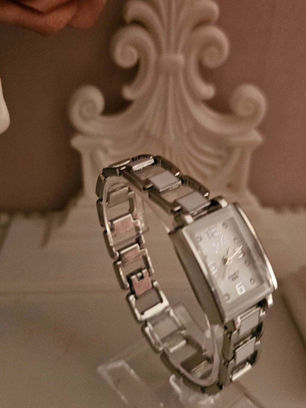 Ladies Silver Square Faced with White detailing Watch