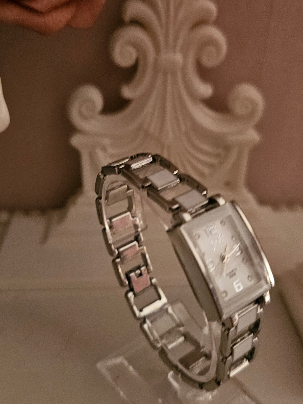 Ladies Silver Square Faced with White detailing Watch