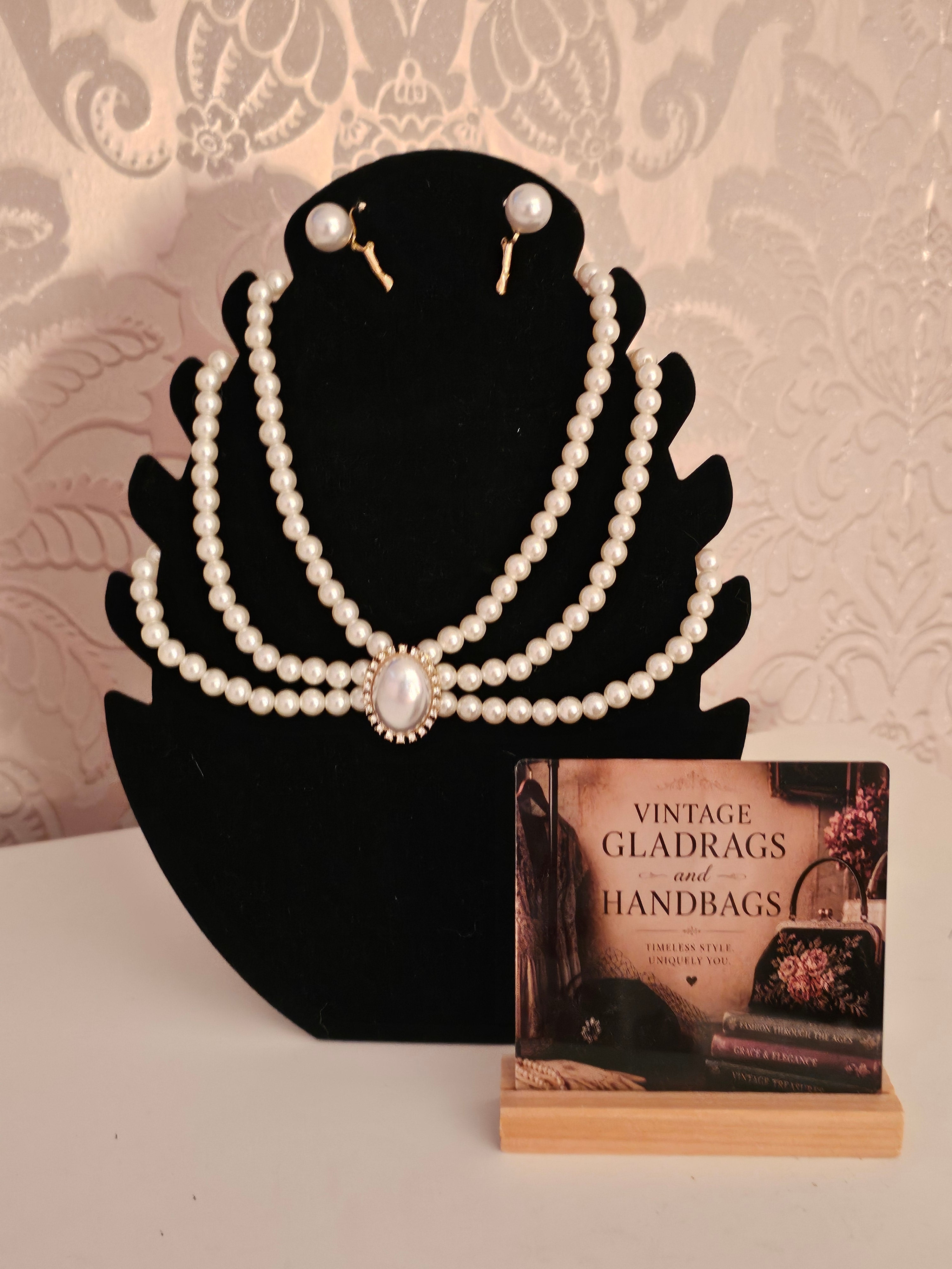 Ladies 3 String Pearl choker with Pearl Ball Earrings