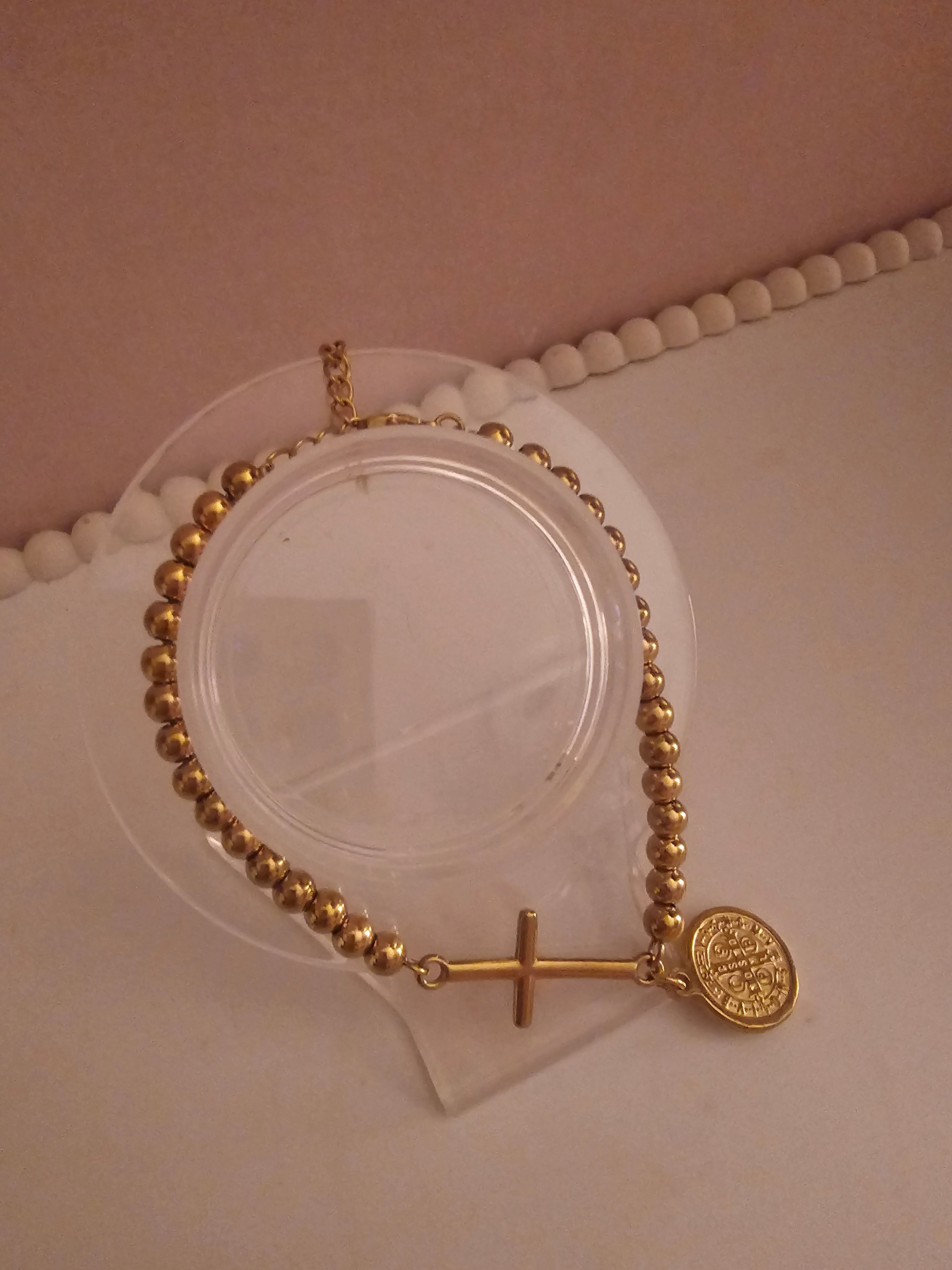 Ladies Gold plated ball bracelet with cross & medal charm
