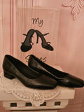 Ladies Black Leather Square Toed Cube heeled Court Shoes