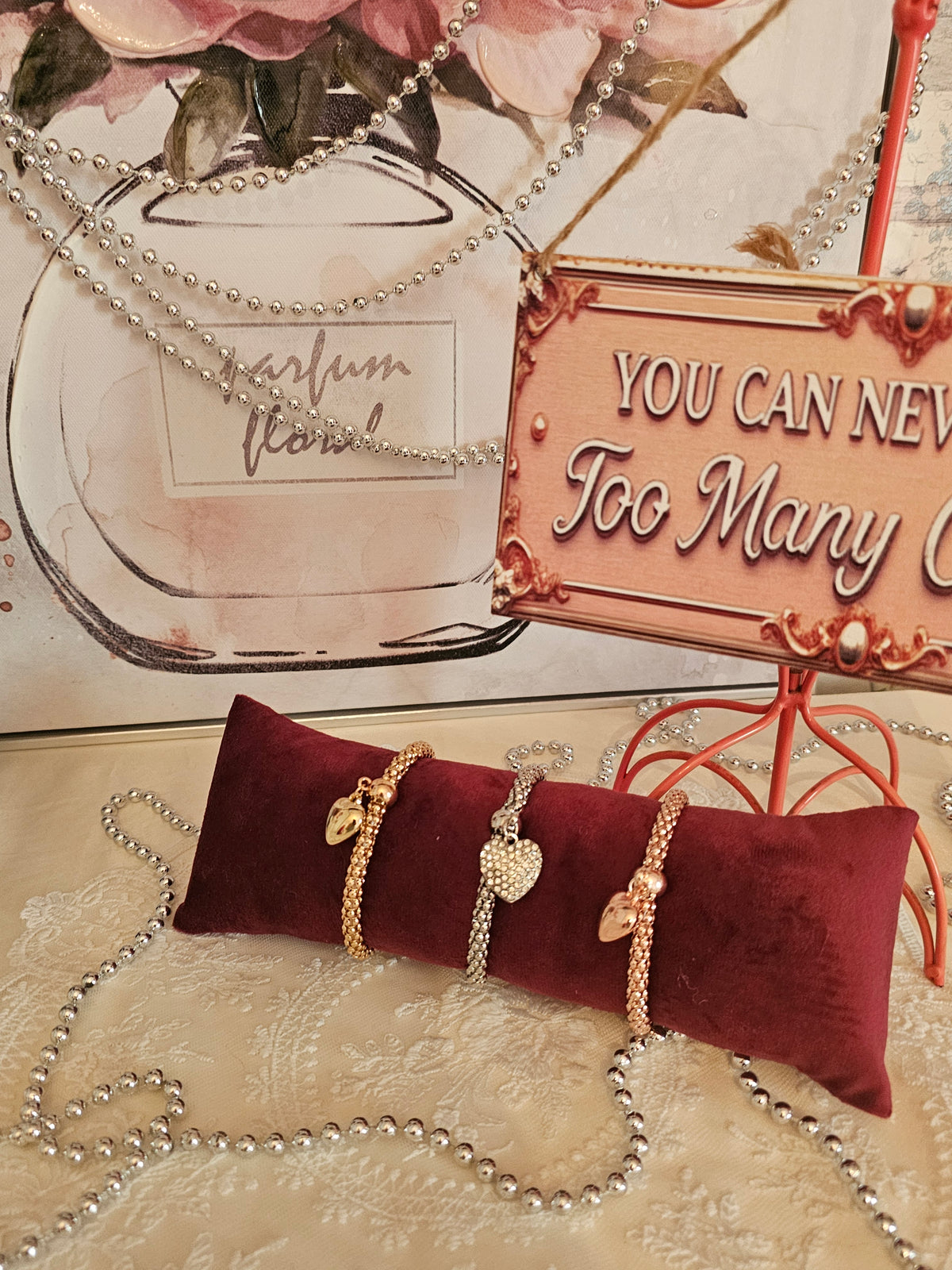 Ladies 3 x bracelets with heart charm set 1 x silver 1 x gold 1 x rose gold
