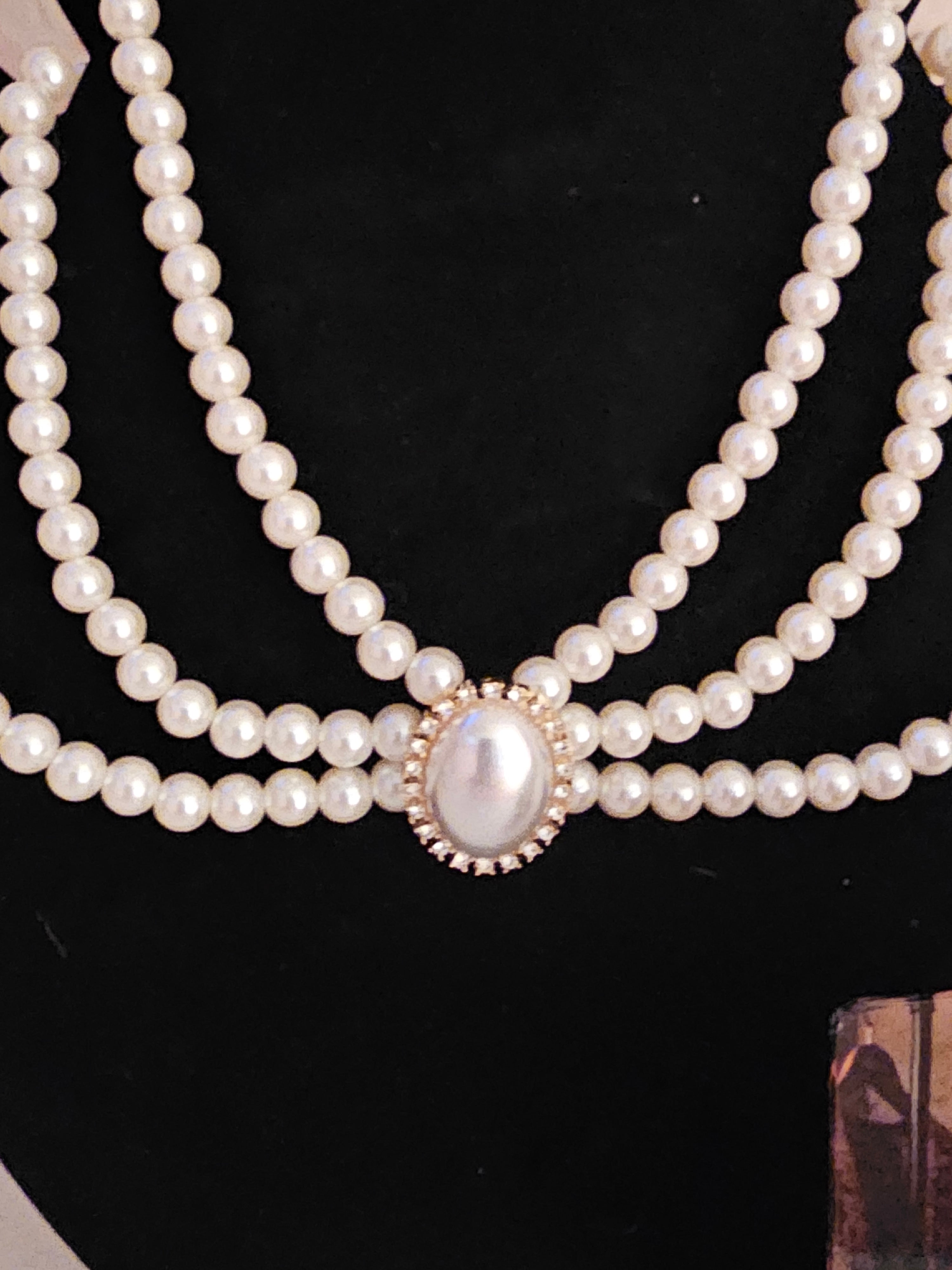 Ladies 3 String Pearl choker with Pearl Ball Earrings