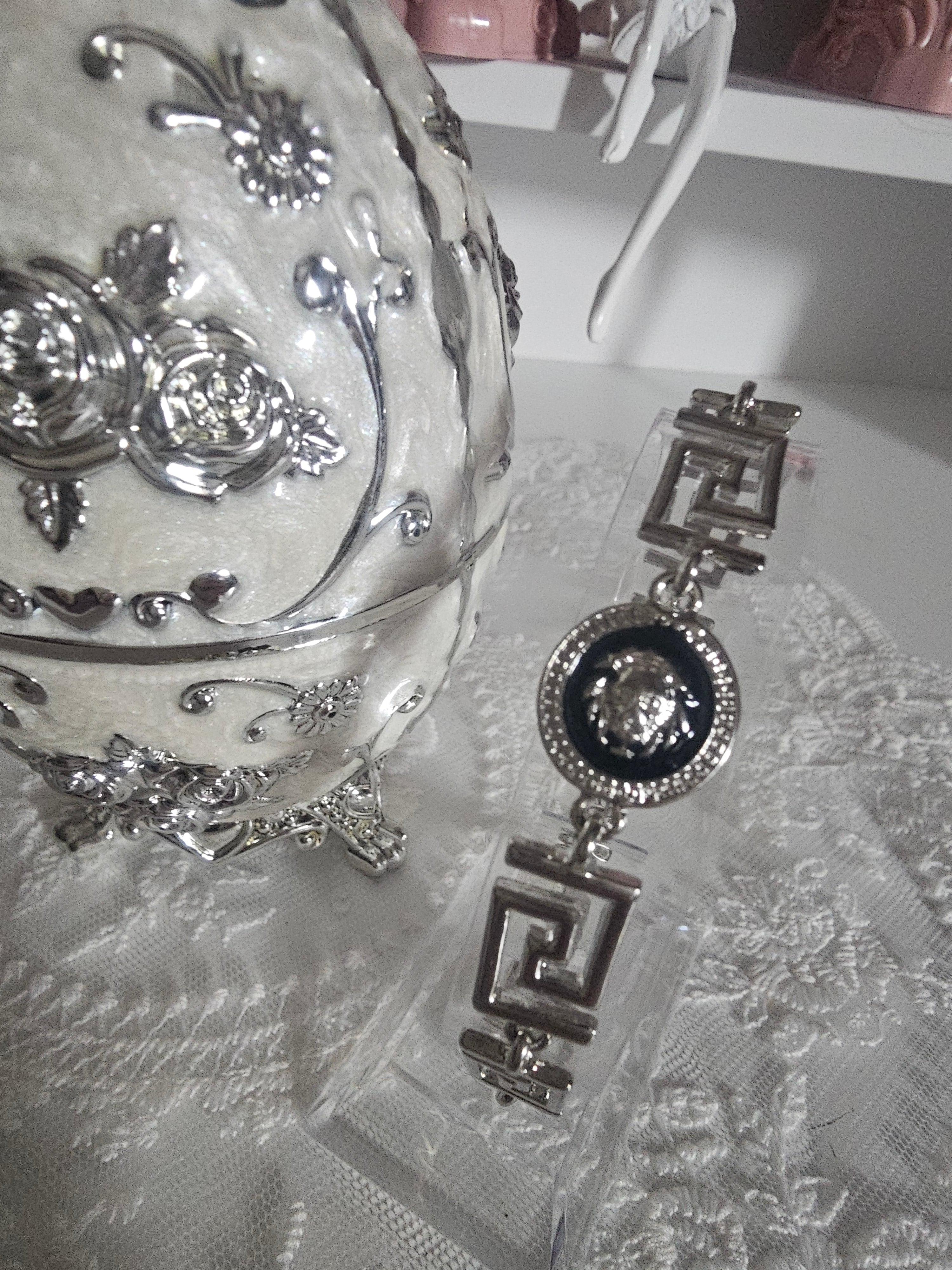 Ladies Silver Versace style with greek key style bracelet