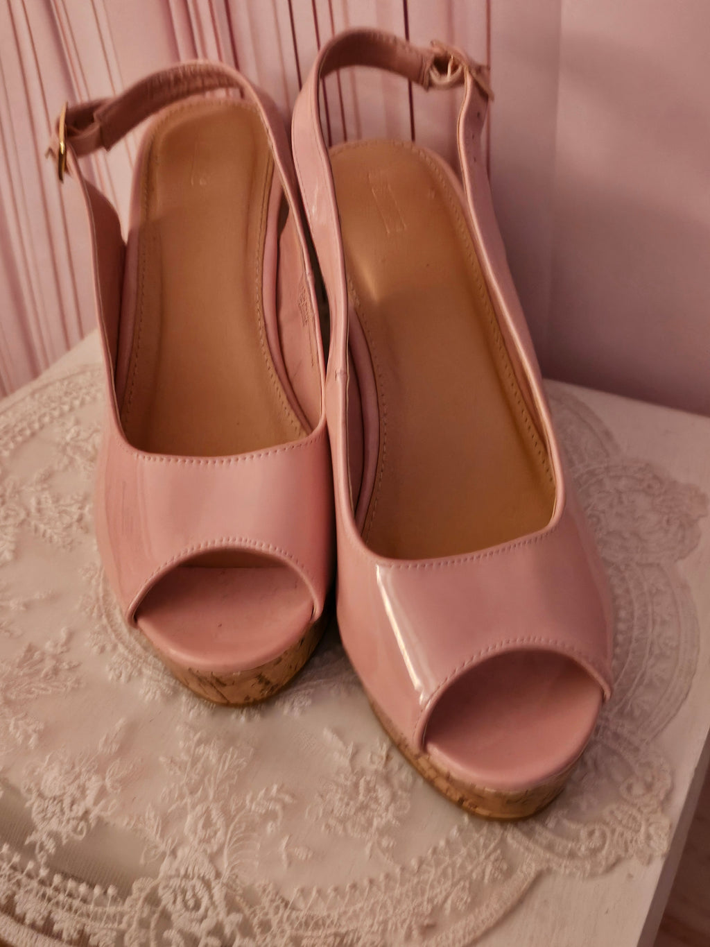 Pink Paitent Toeless Cork Slingback Wedges