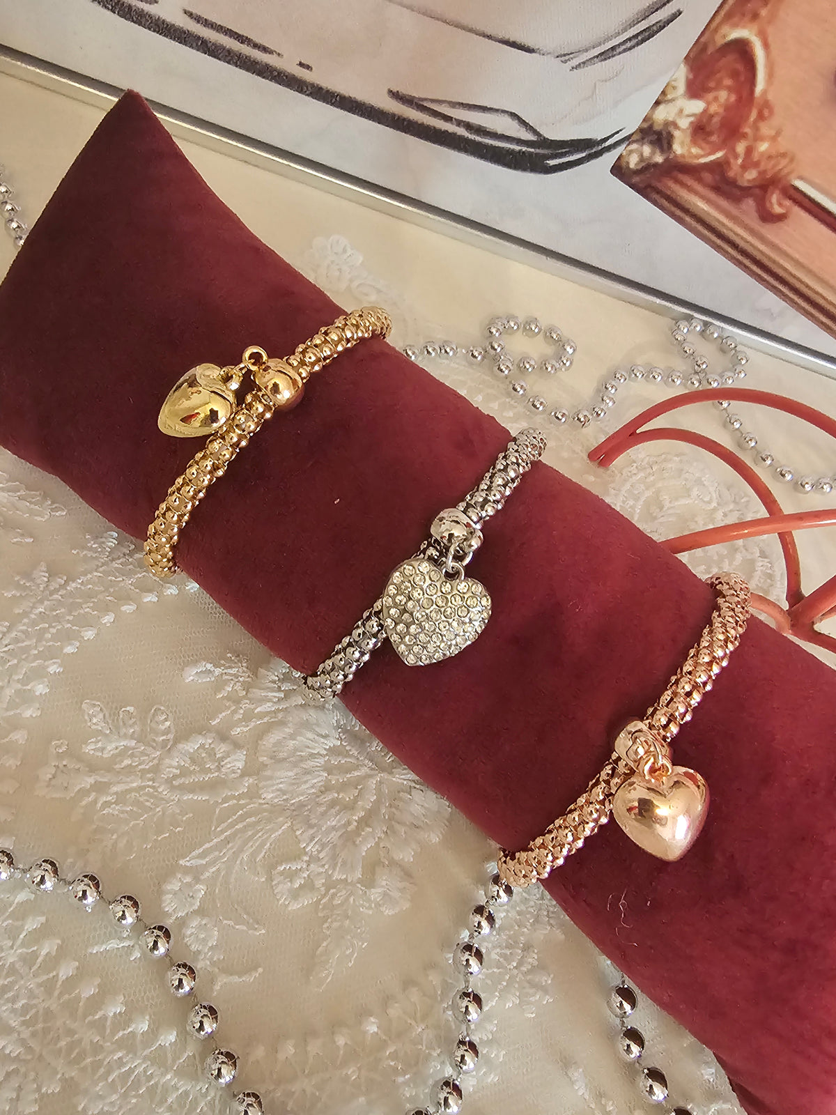 Ladies 3 x bracelets with heart charm set 1 x silver 1 x gold 1 x rose gold
