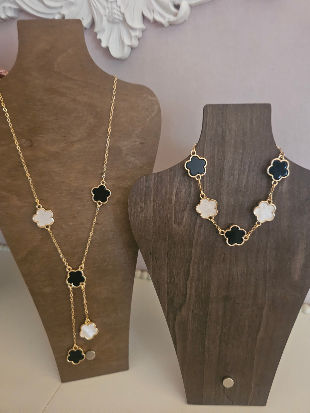 Gold & Black Clover Long Necklace & Matching Bracelet