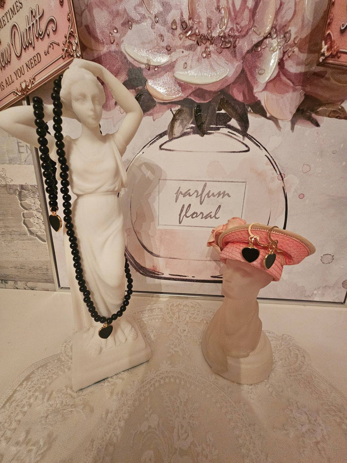 Ladies black pearl necklace with black loveheart pendant with matching bracelet and earrings