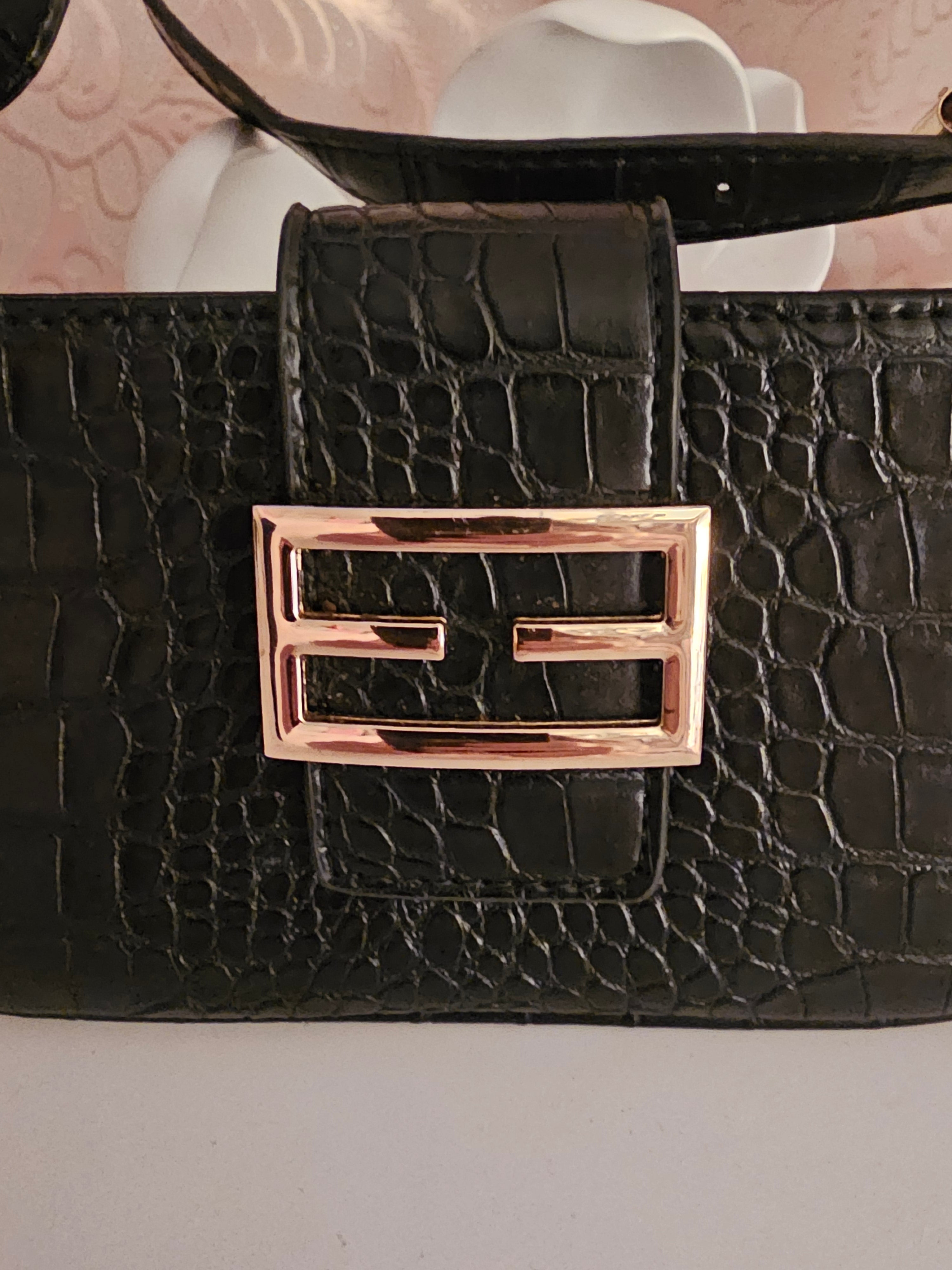 Vintage Black Croc-Effect Evening Bag — Gold Buckle Clasp