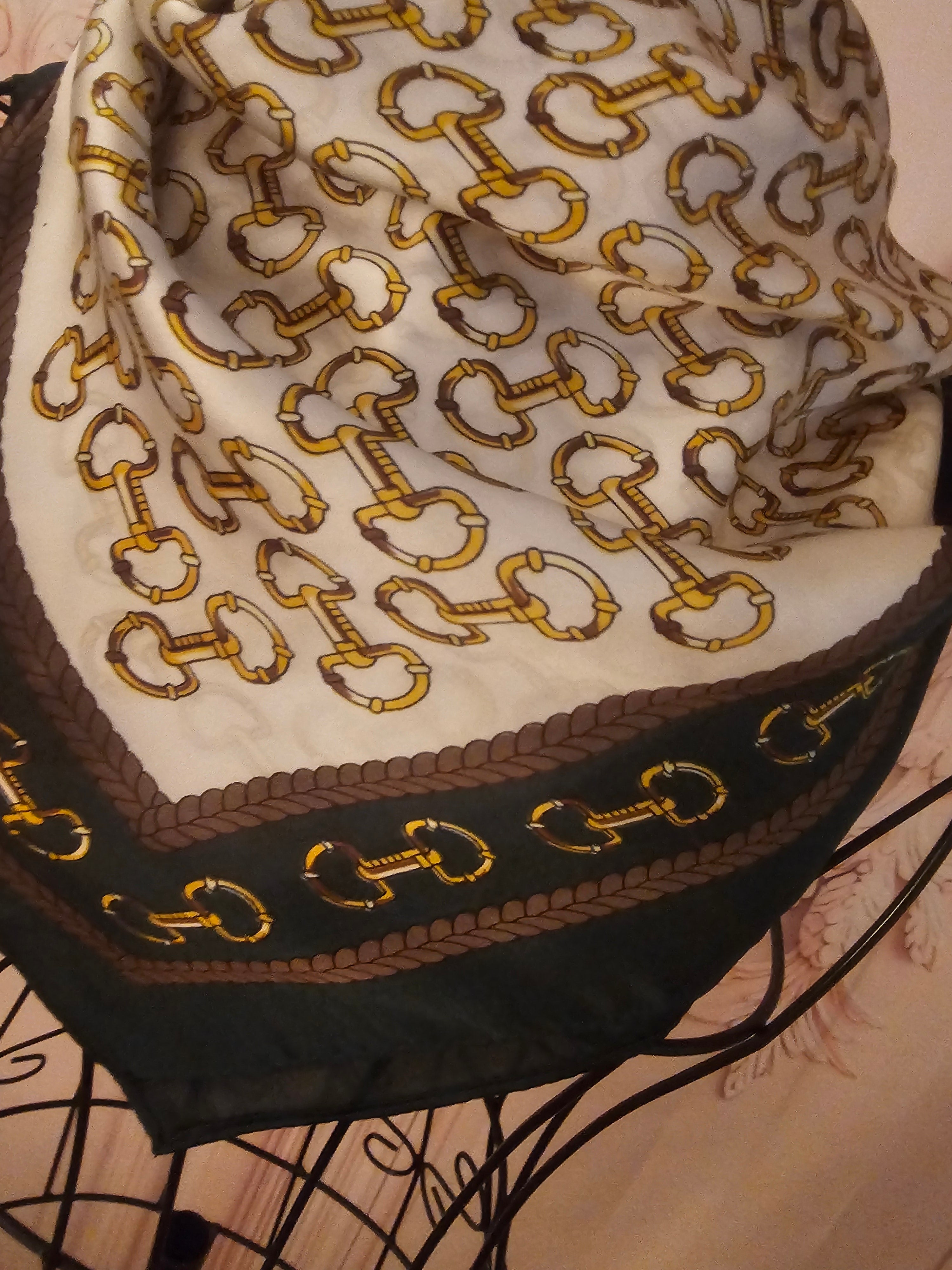 Ladies Silk Blend Dark Green & Cream with Gold Chain Design Head / Neck Scarf