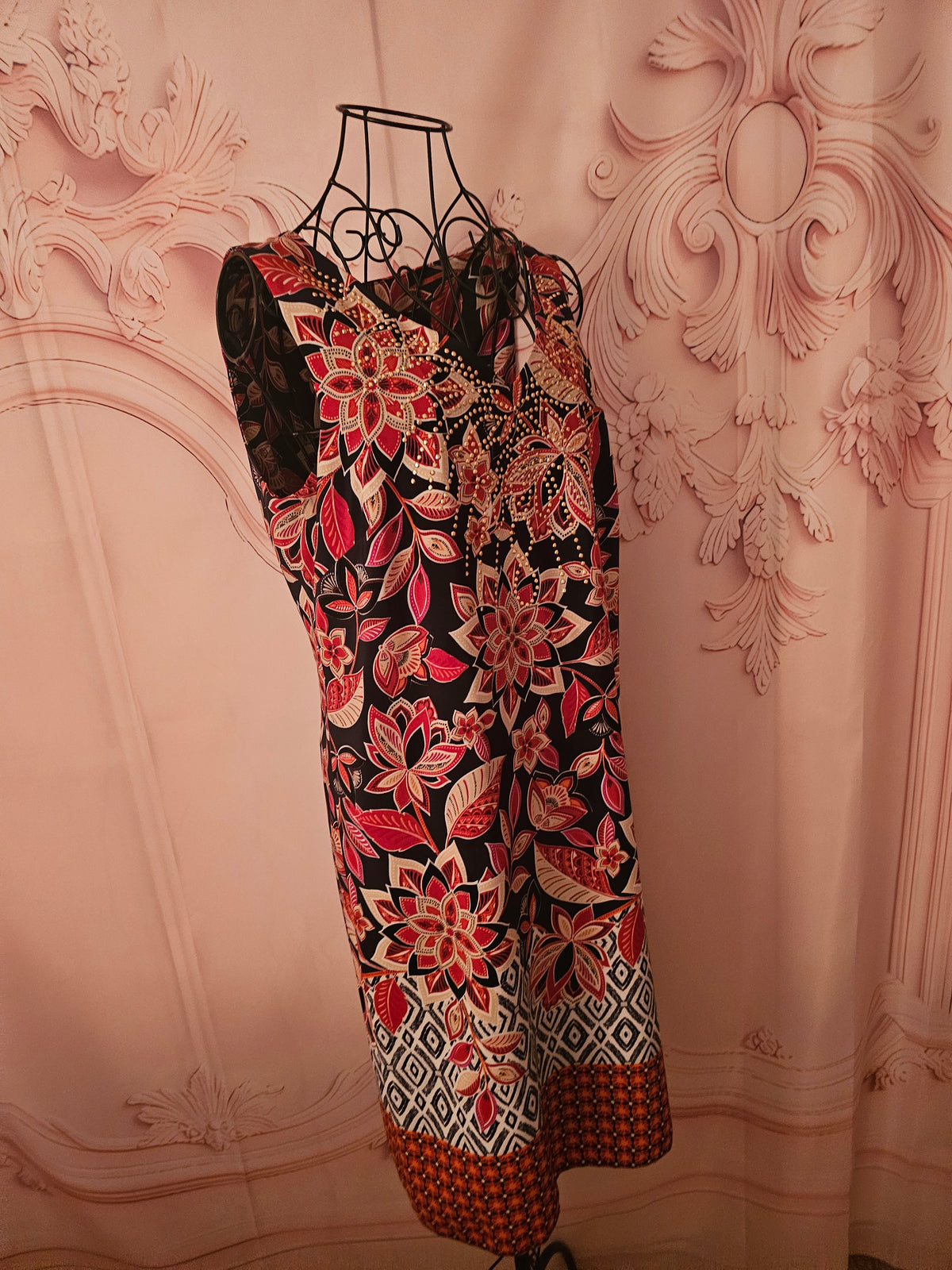 Ladies Red Floral Gold Beaded M &  Co classy dress