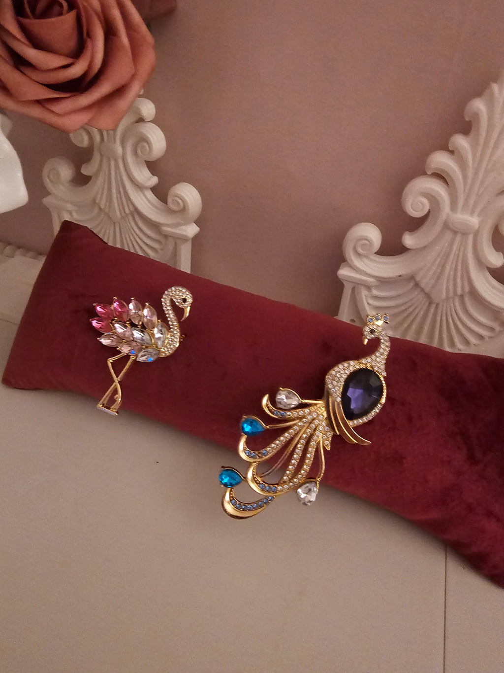 Ladies diamond set flamingo & peacock stunning brooches