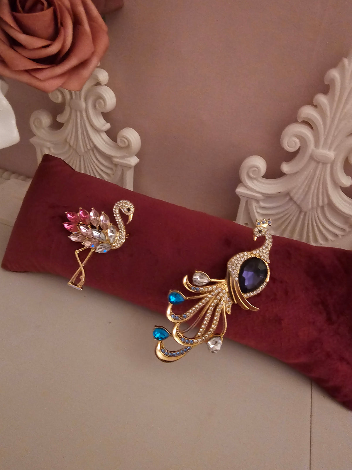 Ladies diamond set flamingo & peacock stunning brooches