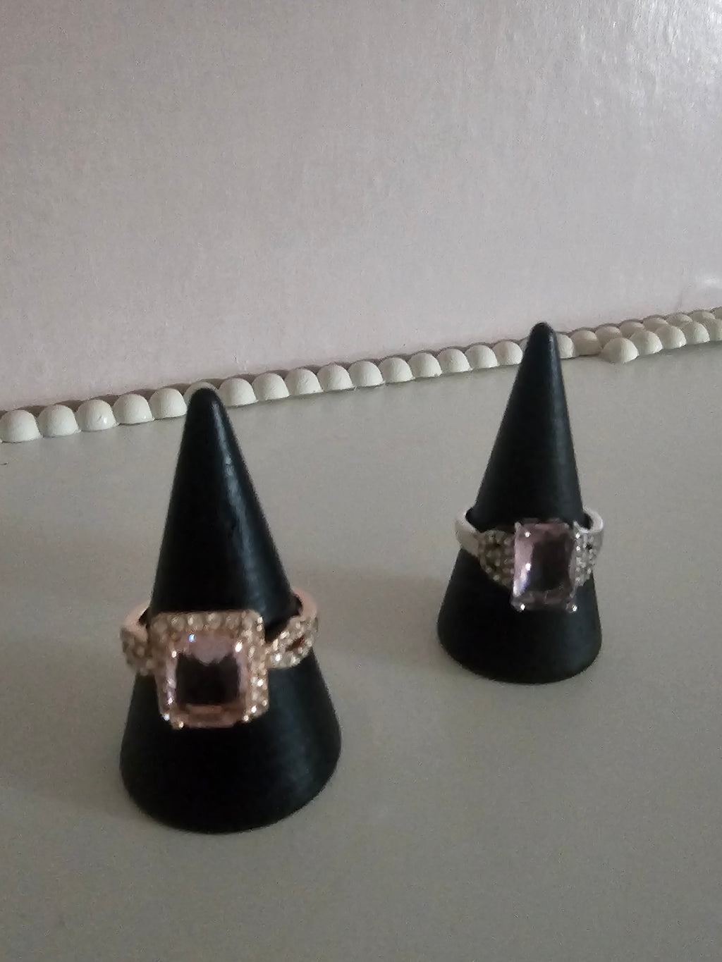 Ladies silver with silver diamonte shank and centre pink square diamond design dress ring