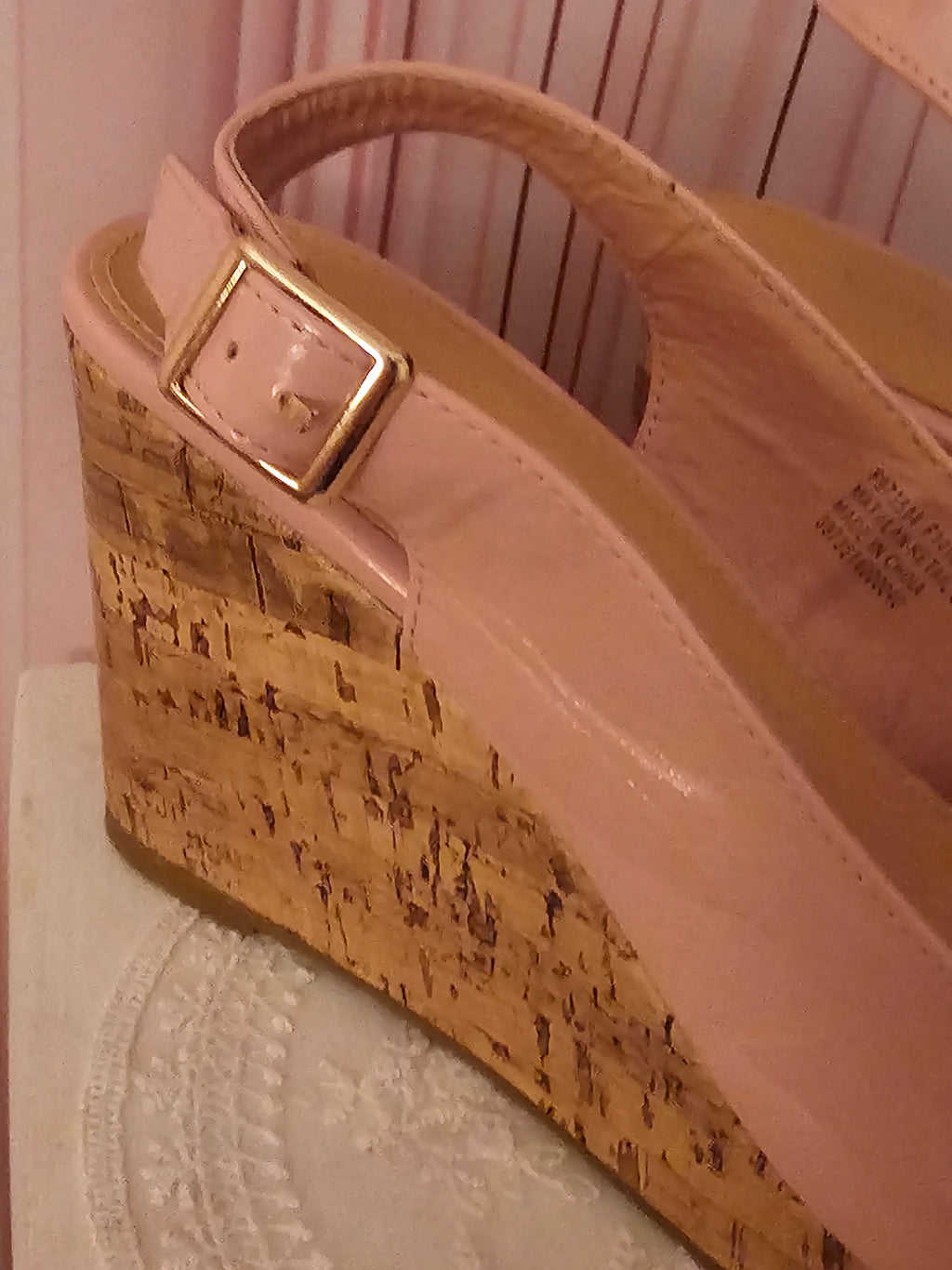Pink Paitent Toeless Cork Slingback Wedges