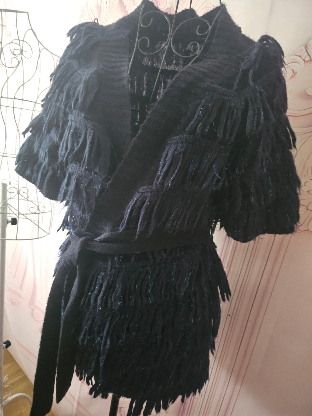 Ladies Navy Blue Fringed Miss Selfridge Short Sleeved Cardigan