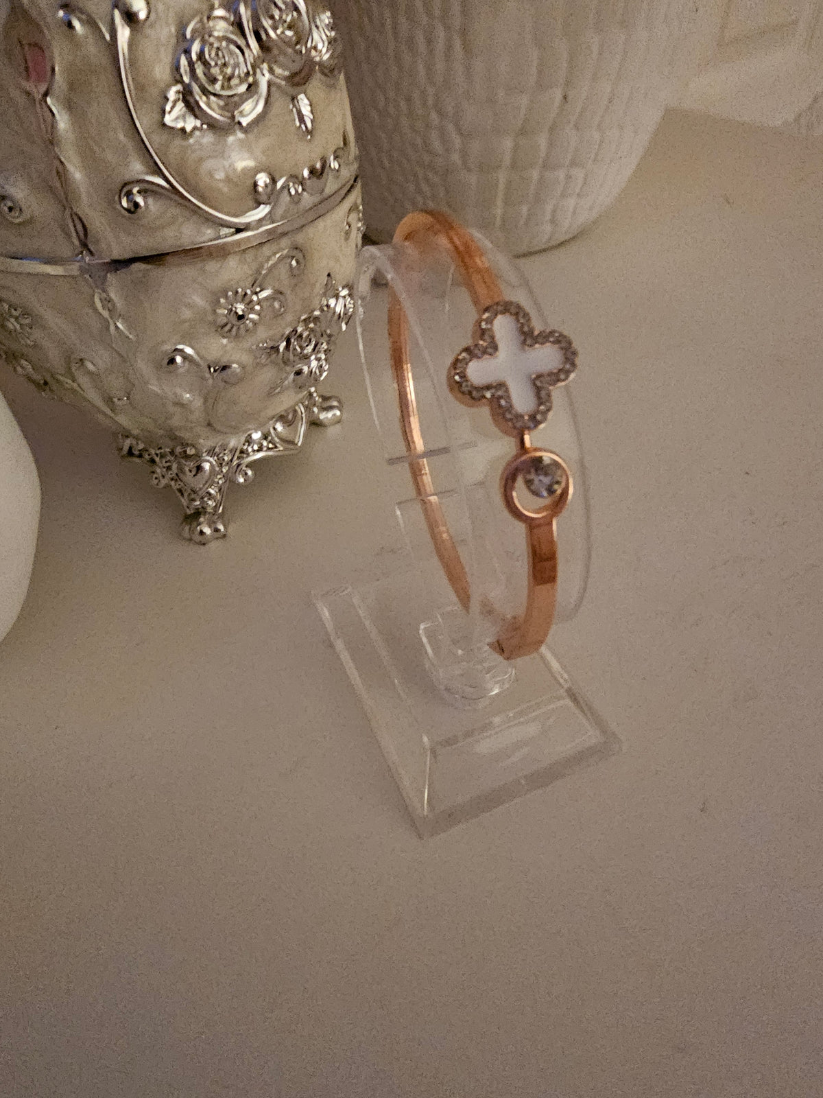 Ladies Rose Gold & White Cross Design Solid Bangle