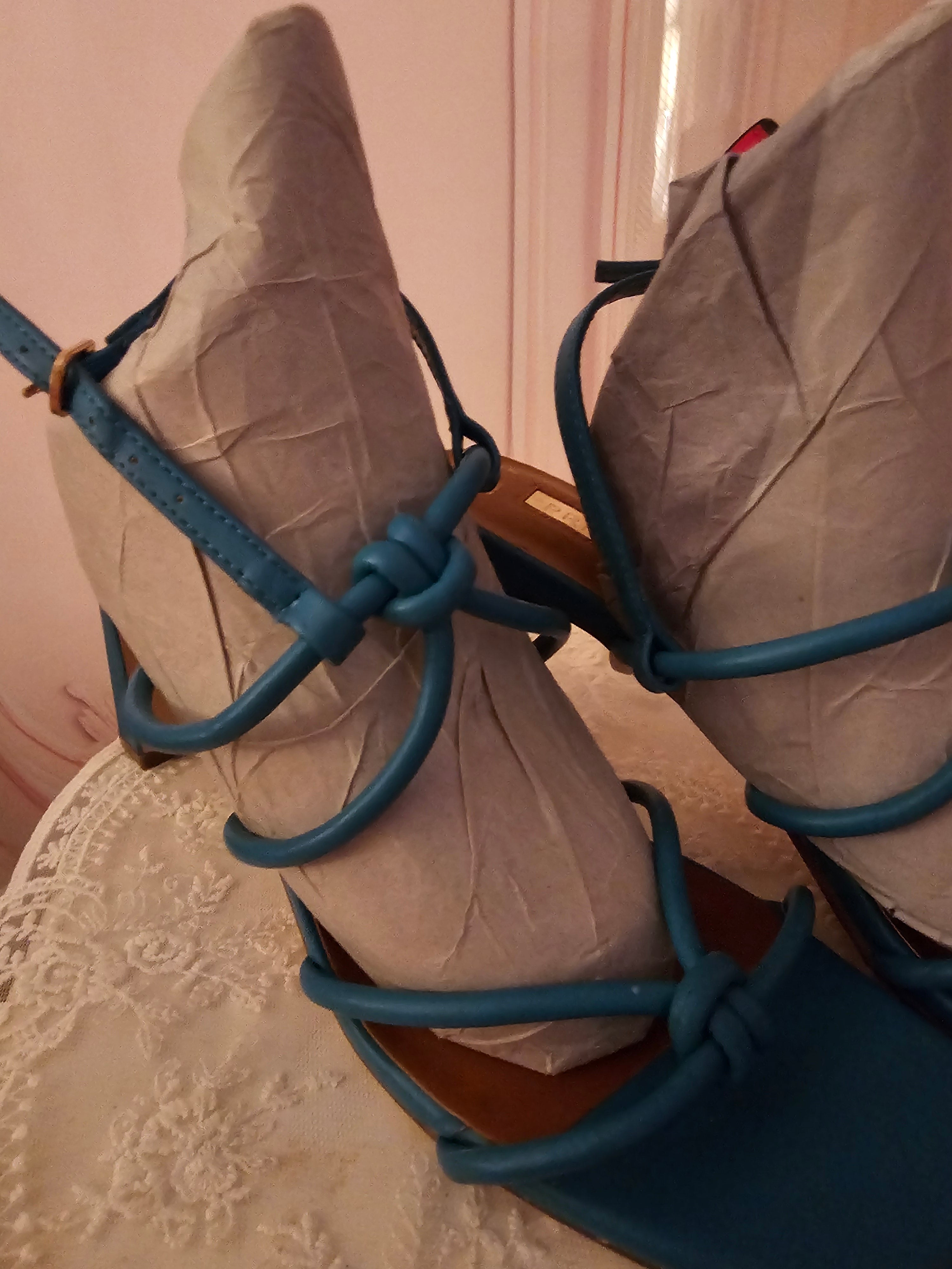 Ladies Turquoise Block Heeled Strappy Heels