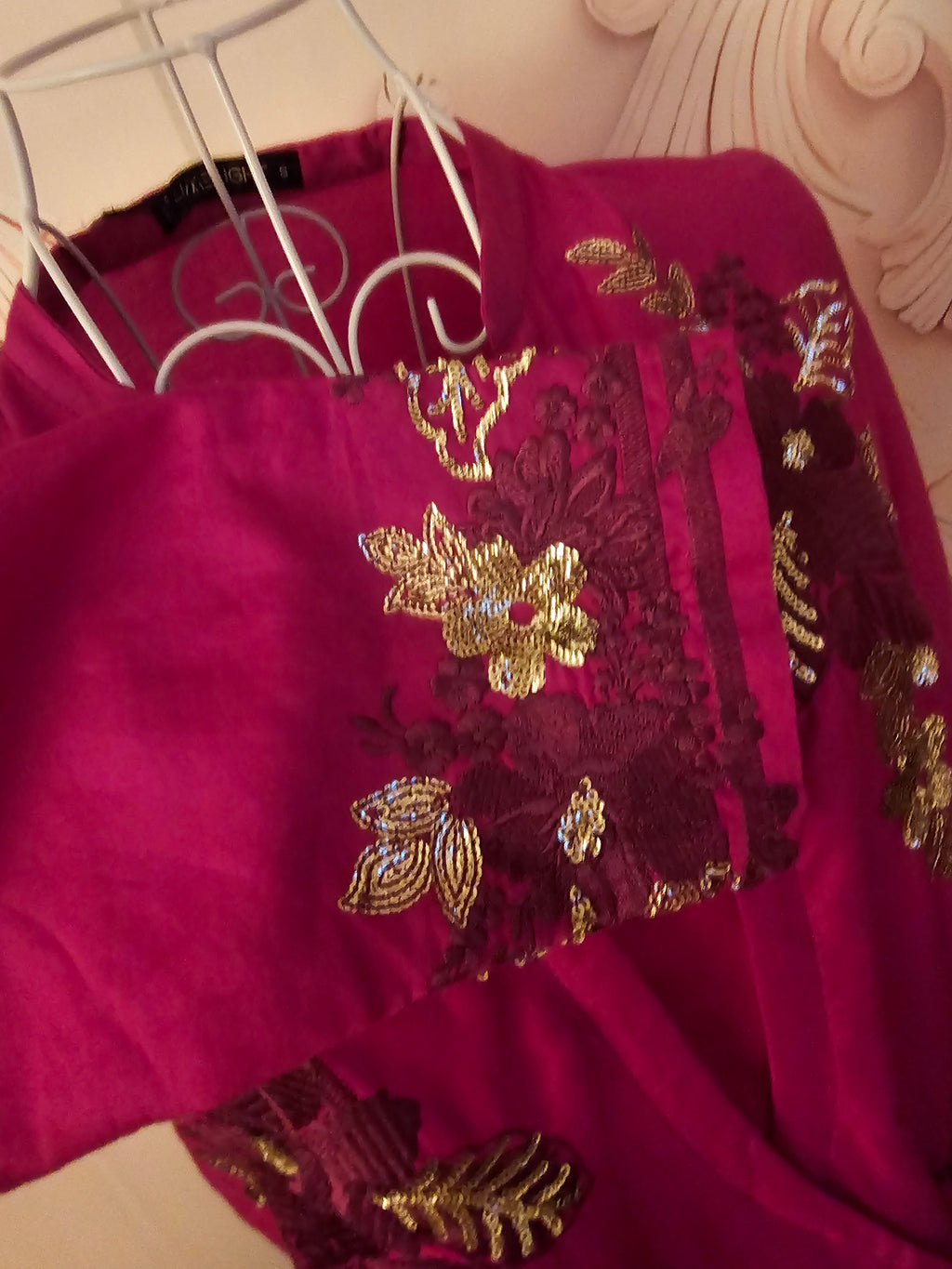 Limelight Cerise Pink Satin Embroidered Dress — 3/4 Sleeve — Size S