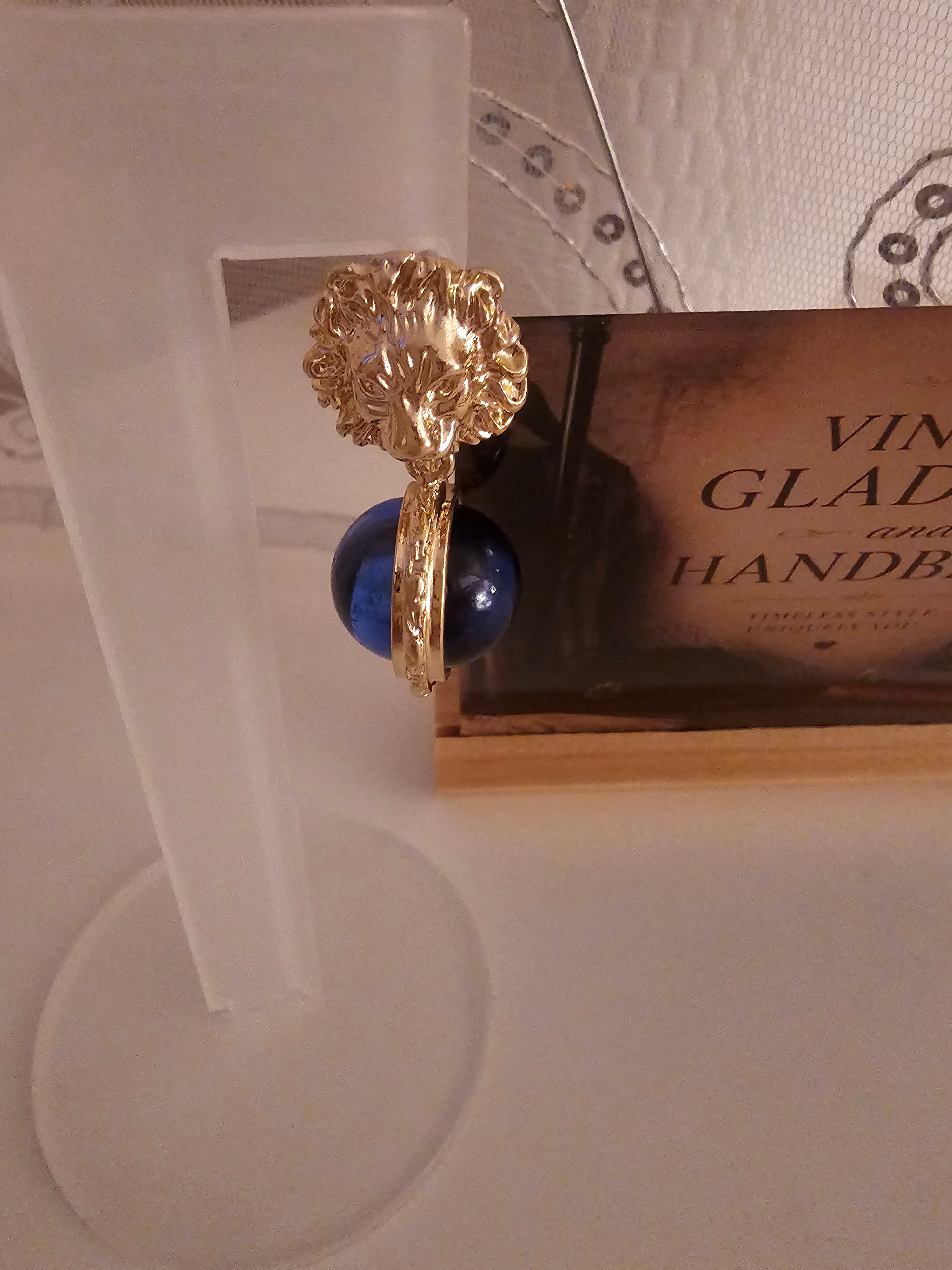 Ladies gold versace style blue ball droplet earrings